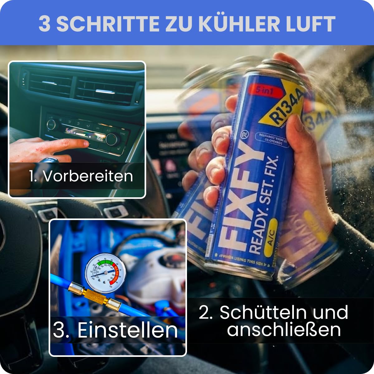 5in1 Kältemittelersatz R134a mit Öl Trockner Dichtmittel Gas UV-Farbstoff 2 x 500 ml Dose Klimaanlage Selbstbefüllen Fahrzeuge 1995-2016