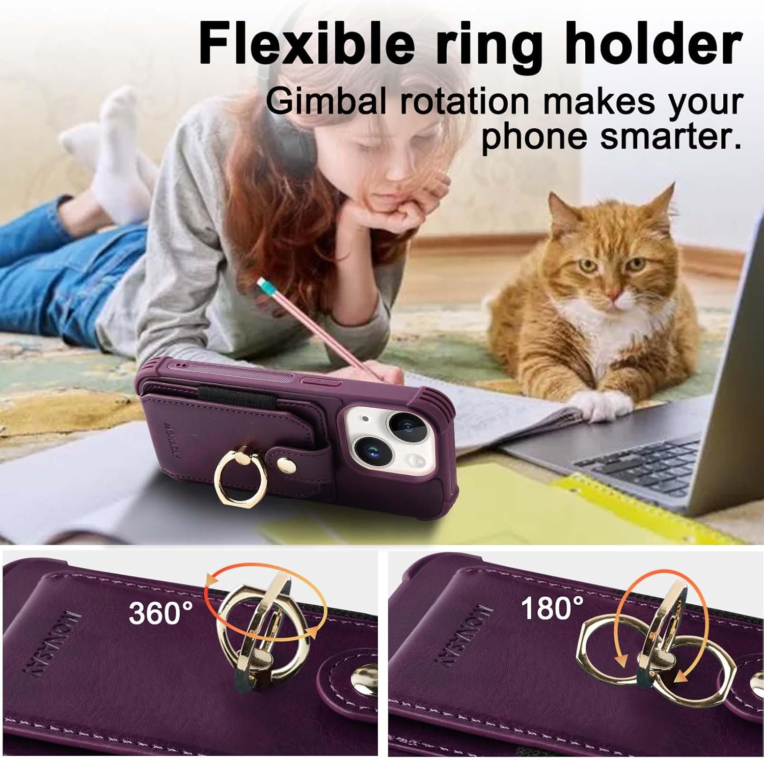 MONASAY Wallet Case Compatible for iPhone 15 Plus/14 Plus 5G 6.7 inch with 360° Rotation Ring Stand[Glass Screen Protector][RFID Blocking] Leather Phone Cover with Card Holder, Purple