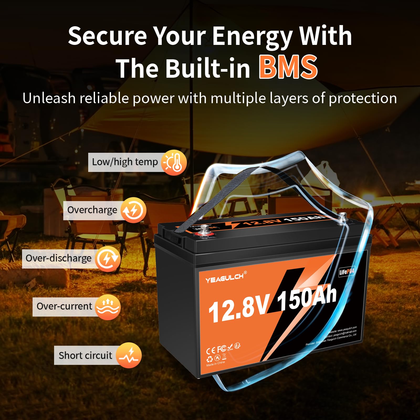 Yeagulch Batteria Litio 12V 150Ah LiFePO4 da 1920Wh 15000 Cicli con BMS 100A per Camper Impianto Solare Casa e Backup