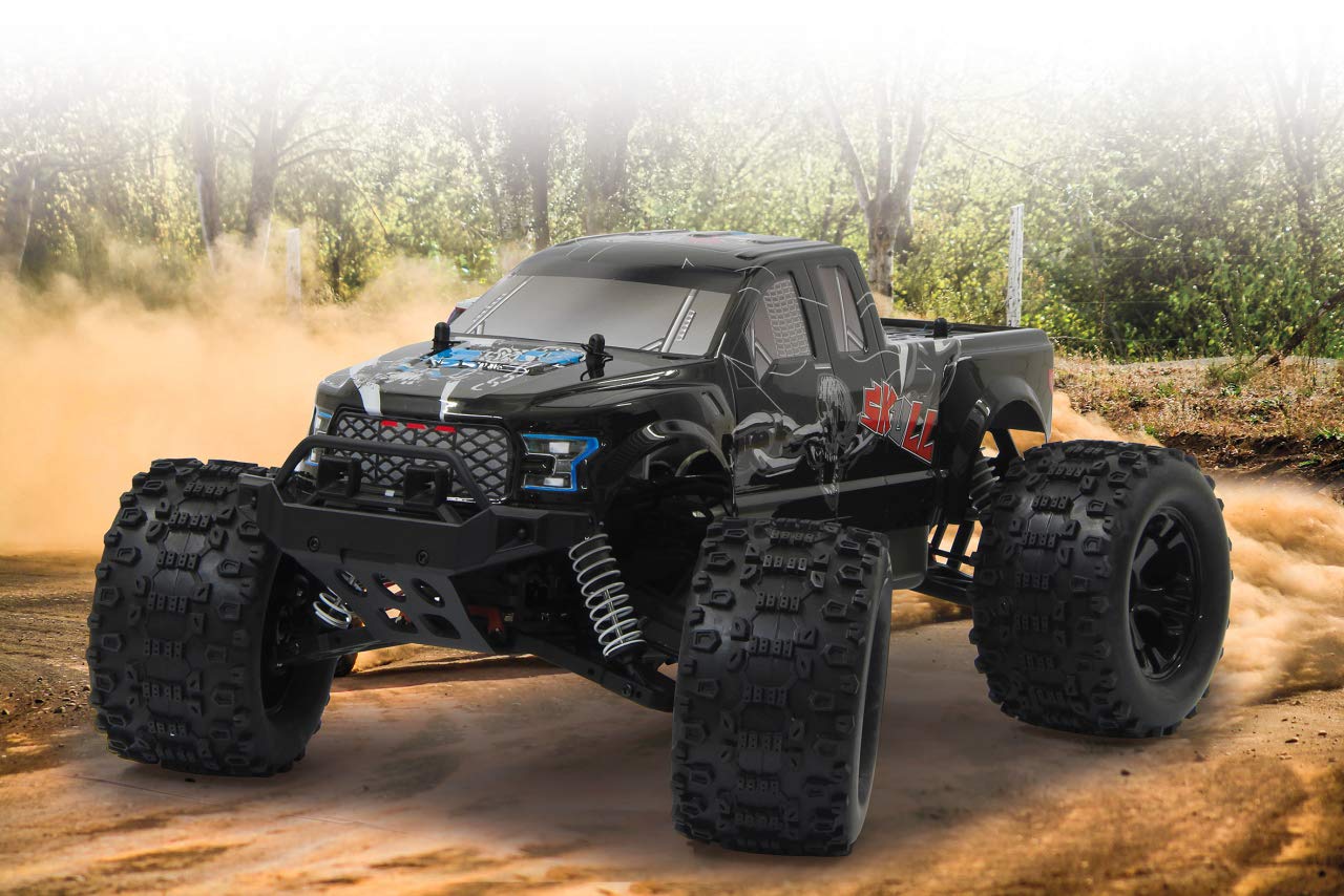 Jamara 059735 - Skull Monstertruck 4WD 1:10 NiMh 2,4GHz – Multigiocatore, Trazione integrale con differenziali in acciaio, Resistente agli schizzi d´acqua, Telaio rinforzato in alluminio