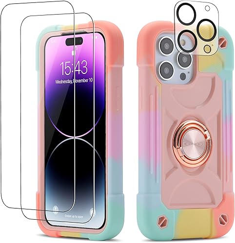 Cookiver Funda para iPhone 14 Pro Max de 6.7 pulgadas con soporte de anillo, con 2 protectores de pantalla de vidrio + 1 protector de lente de