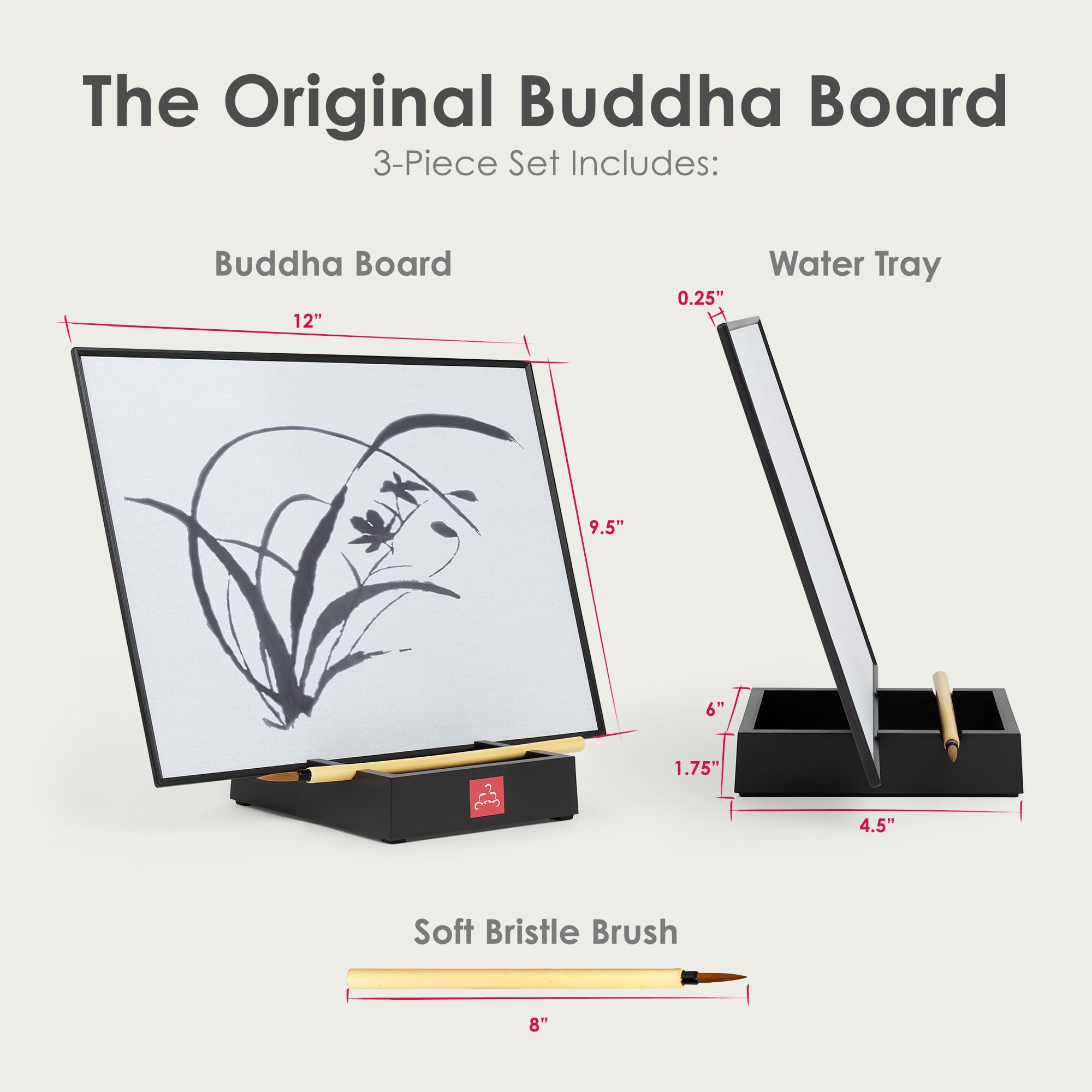 Buddha Board | Tavola Buddha originale 30x24x0,6 | Superficie altamente assorbente | Include tavola/lavagna, supporto impermeabile e spazzola in bambù