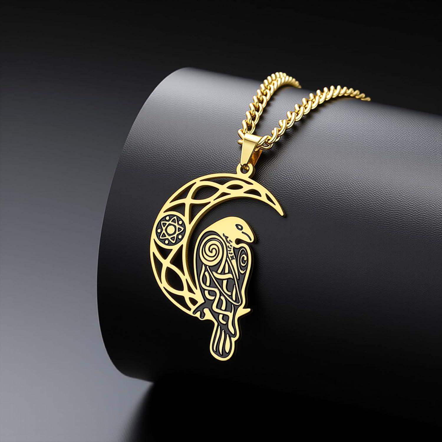 VASSAGO Viking Raven Necklace for Women Men Stainless Steel Crescent Moon Necklace Odin Raven Pendant Amulet Jewelry Gift - Image 3