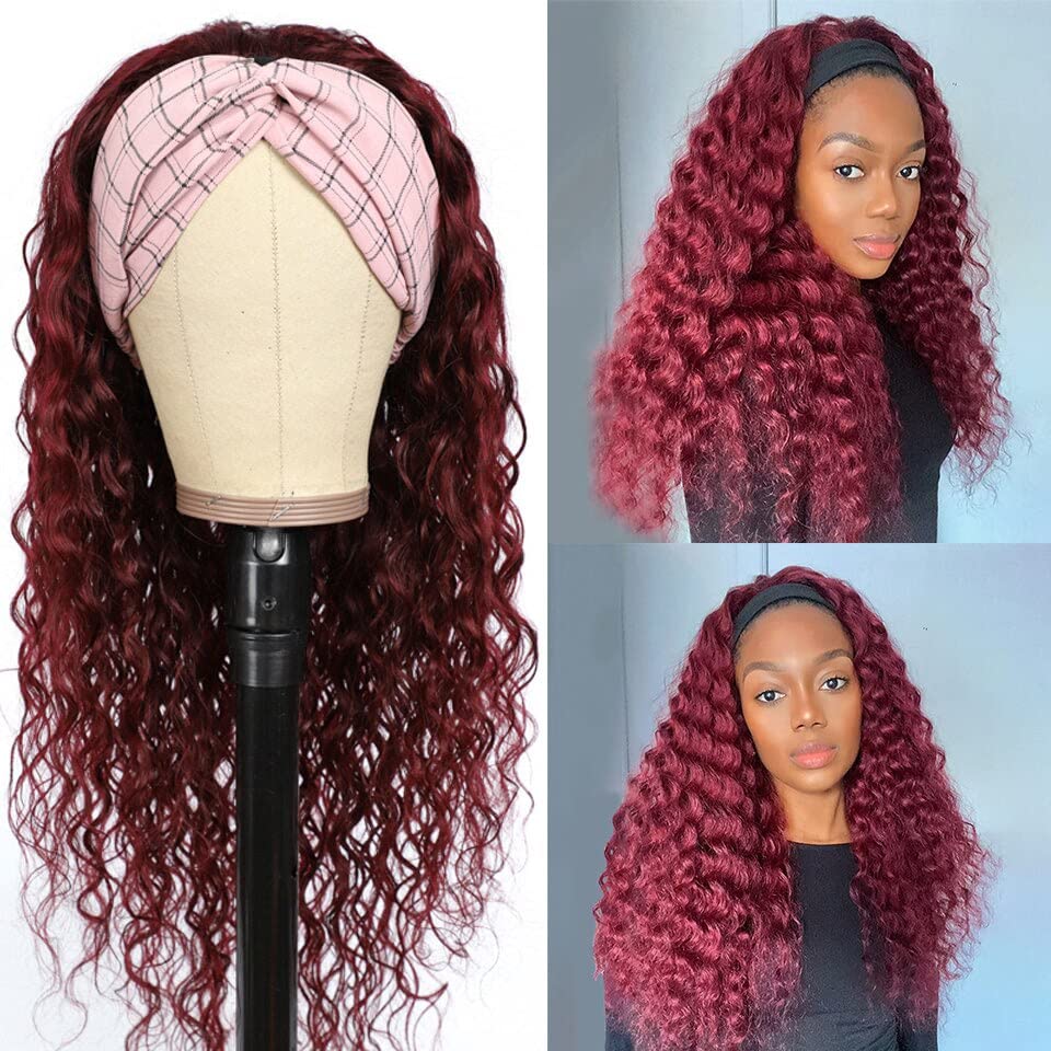 Image of XSY Headband Wig Human Hair 99J Burgundy Deep Wave None Lace Front Wig Human Hair Wigs for Black Women Glueless Wear Go Brazilian Virgin Hair (20inch,Red Burgundy)