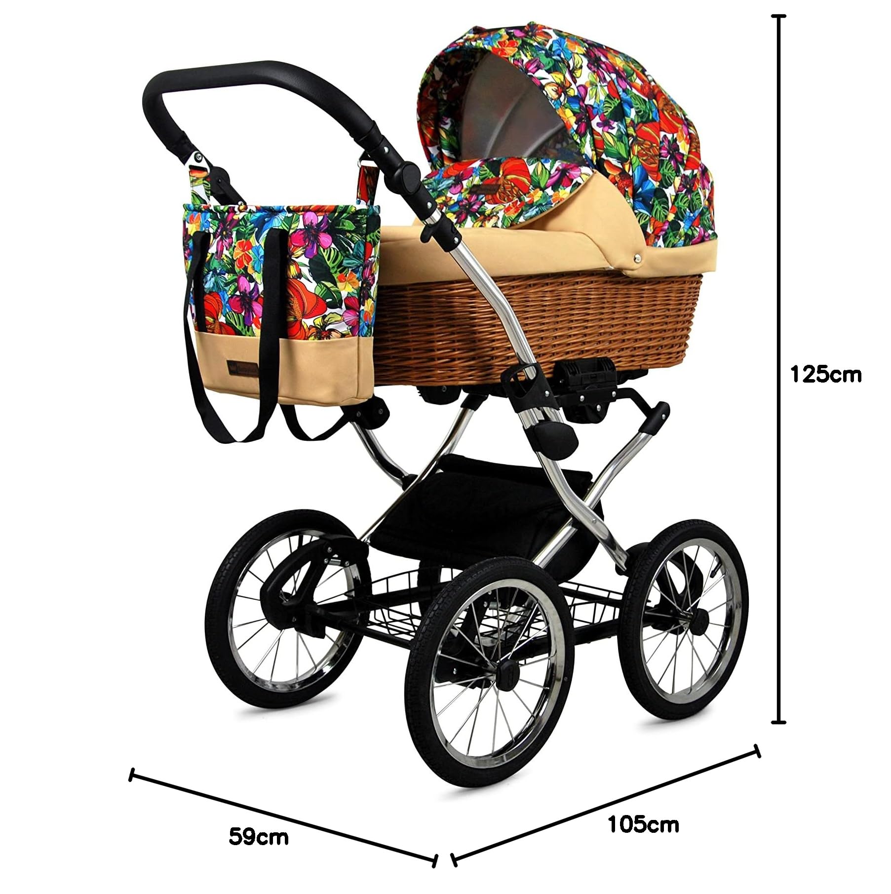 BabyLux ALU 2in1 Passeggino per Bambini - 59x105x125cm Max 15kg Jungle Flowers Silver Frame