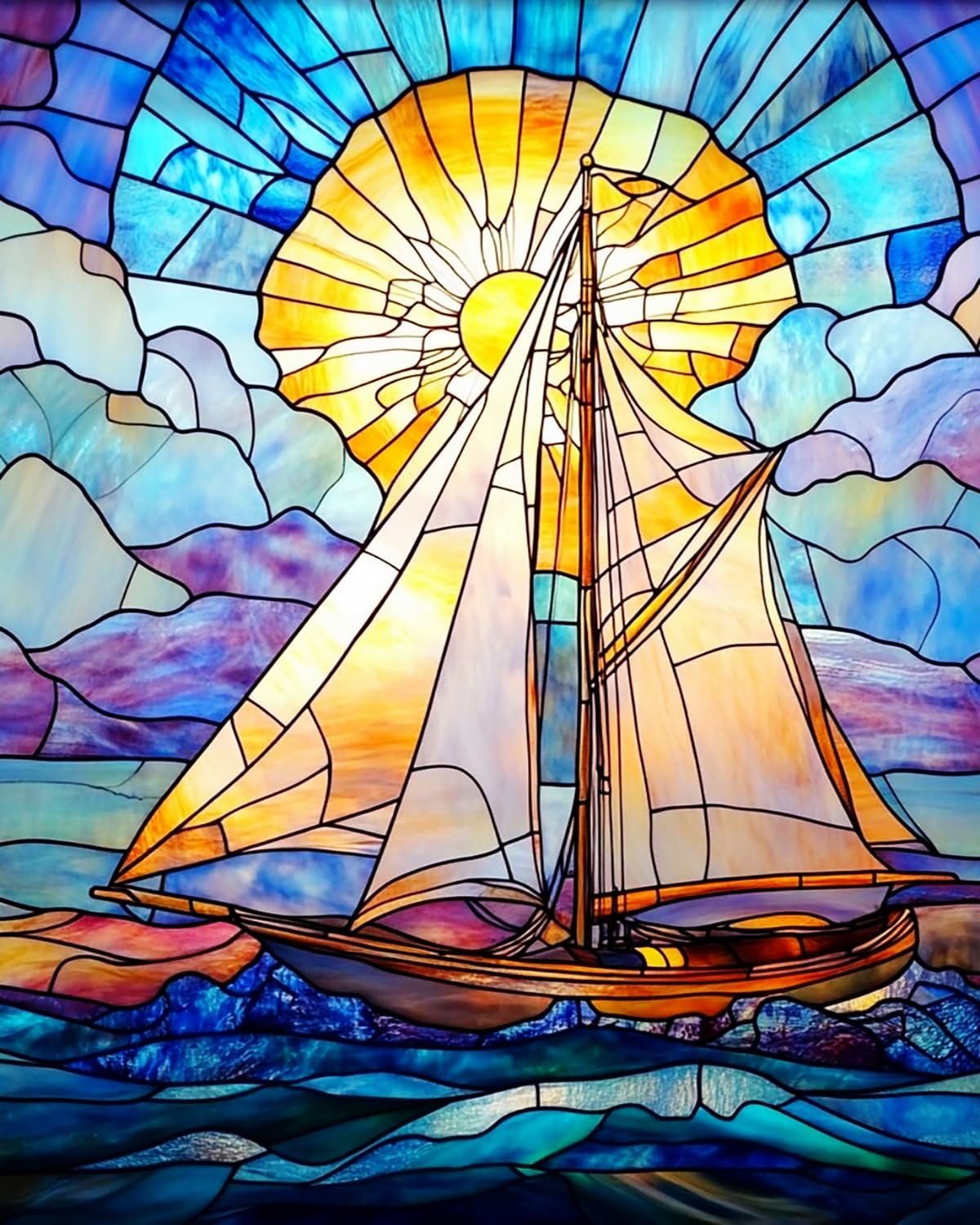 LIUBAISHI Paint by Numbers for Adults, Stained Glass Sailboat and Sun, 40x50 cm Acrylic Canvas Kit with 3 Brushes