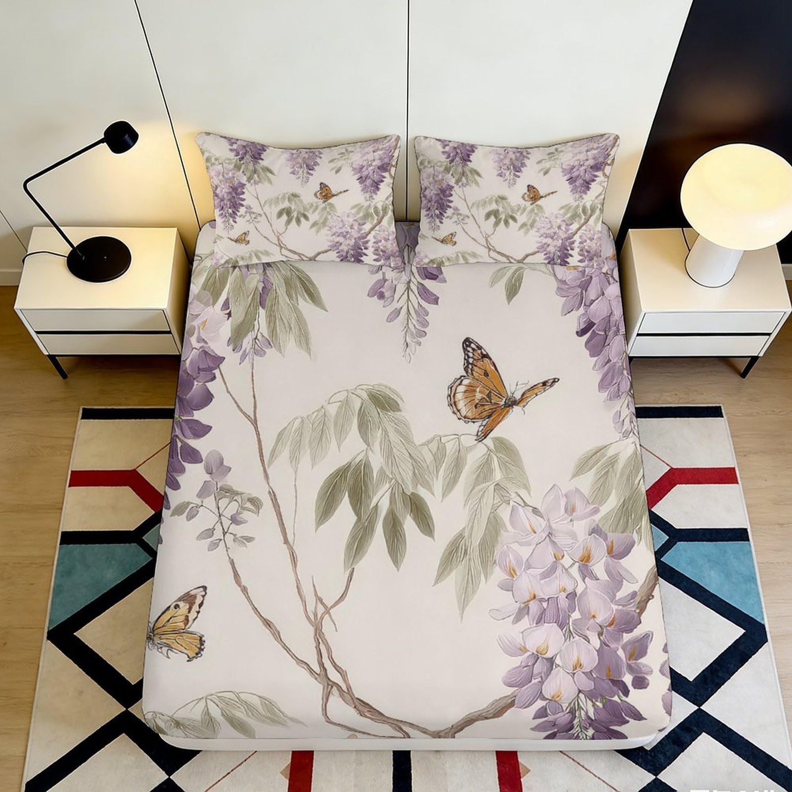 3D Printed Wisteria Blossom Fitted Sheet Microfiber Soft Breathable Butterfly Mattress Cover for Bedroom Decor 90x200x25cm