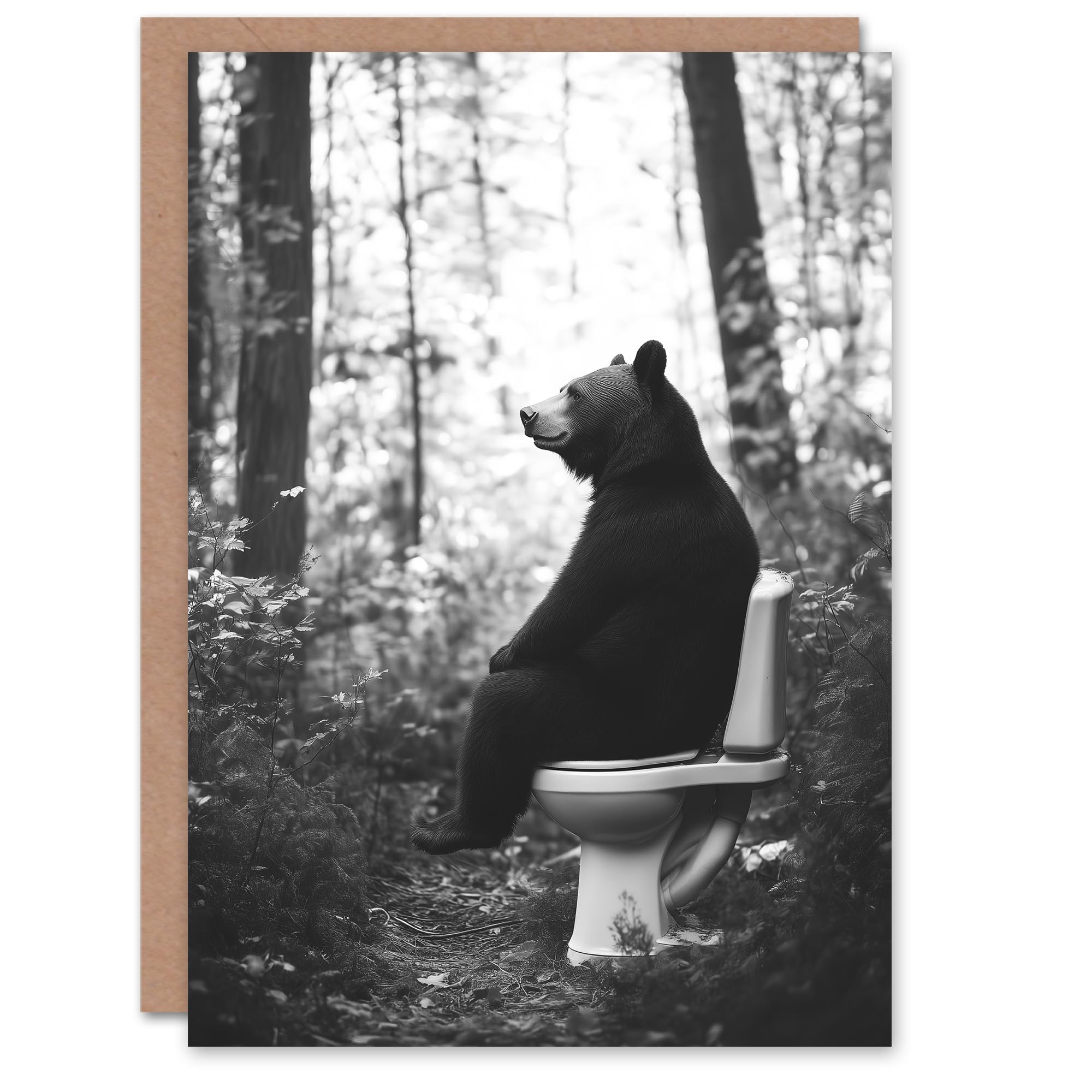 Artery8 Greeting Card Grizzly Bear Toilet Black White Forest Landscape Blank For Him Or Her Art Birthday Card