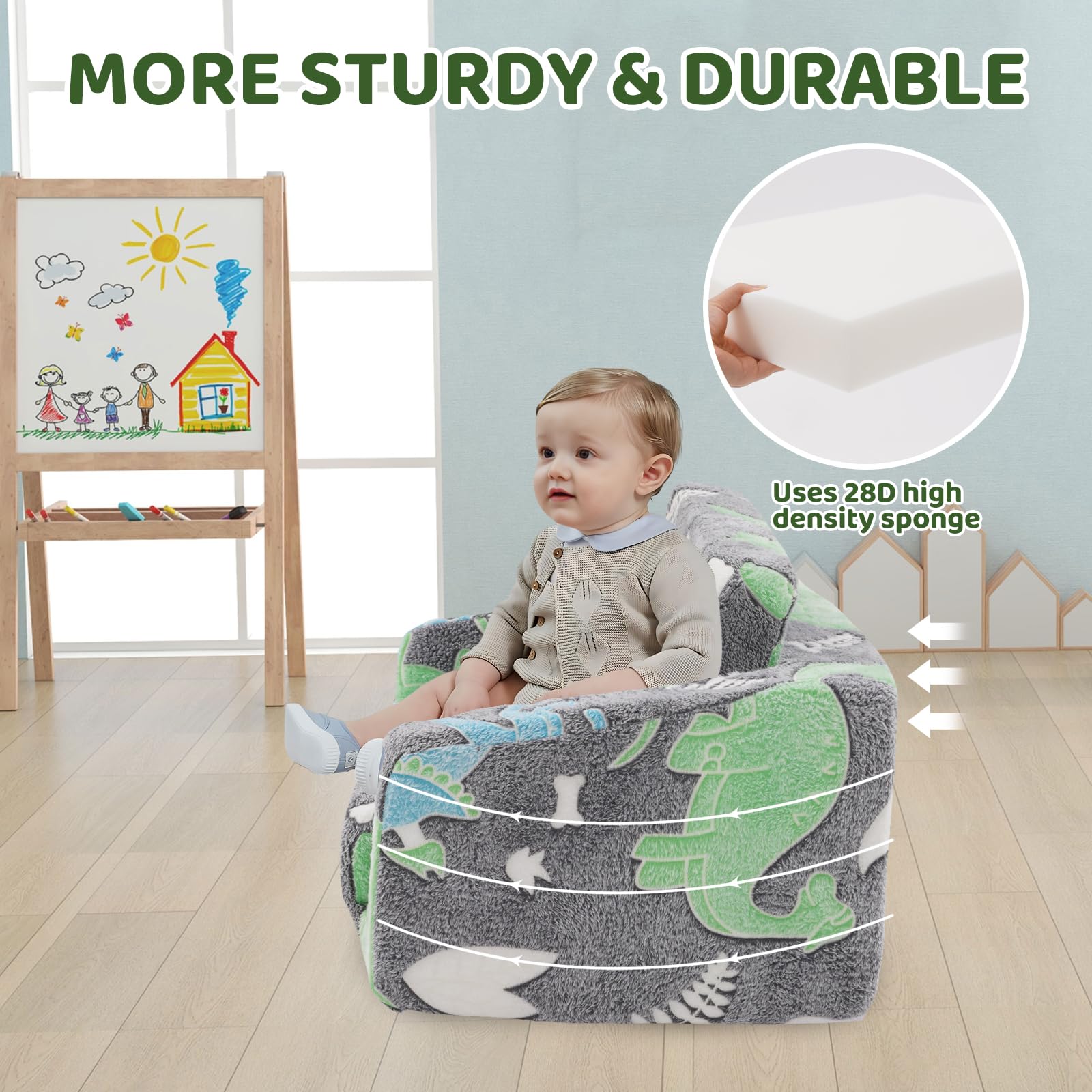 Poltroncina bambini, 2 in 1 divano per bambini, pieghevole, divano letto, rimovibile e lavabile, mini divano da gioco per ragazzi e ragazze, cameretta dei bambini, motivo dinosauro