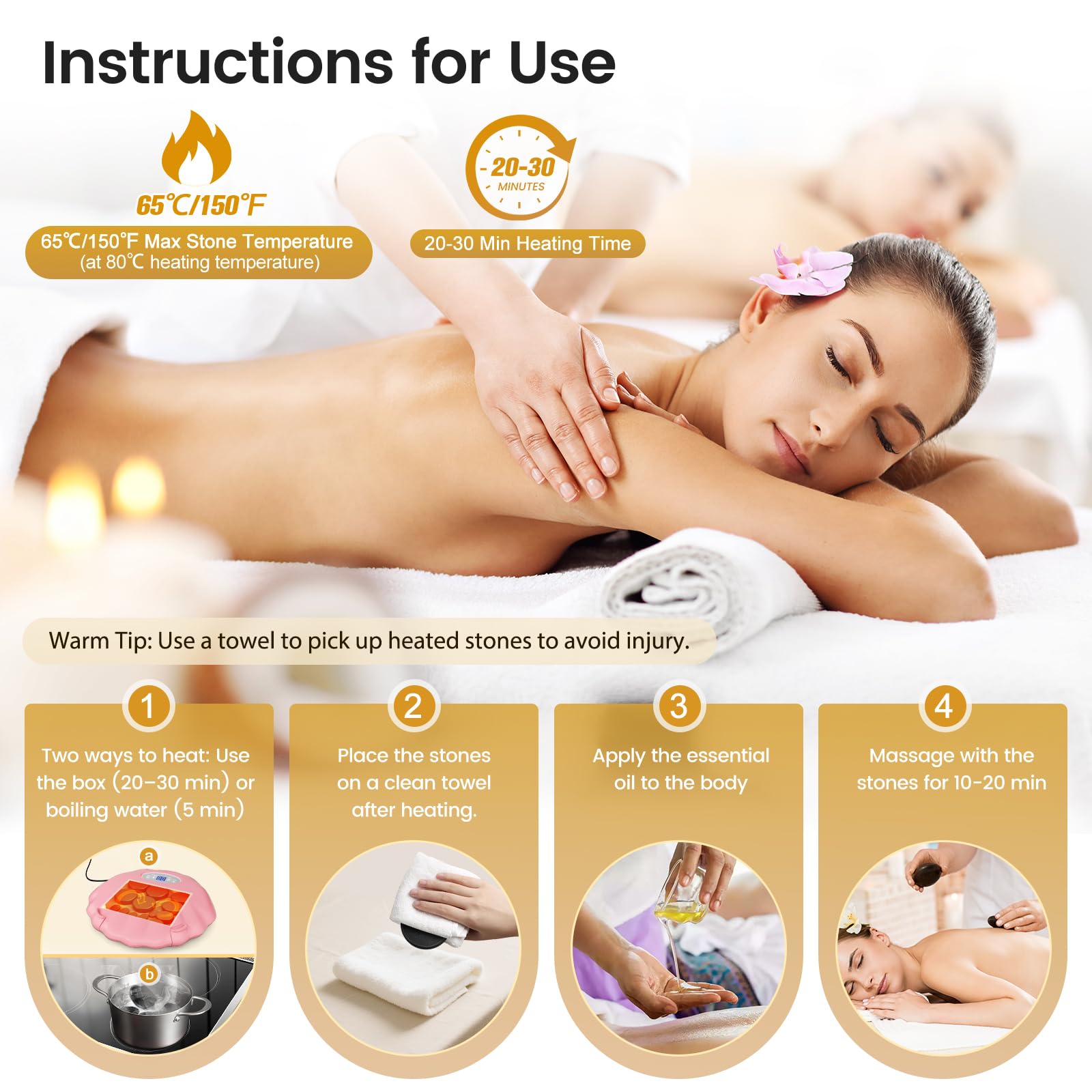 Kit de masaje de piedra caliente, juego de piedras de masaje basalto con caja térmica portátil, calor terapéutico de 3 niveles con temporizador para uso doméstico, terapia de masaje, spa, relajación