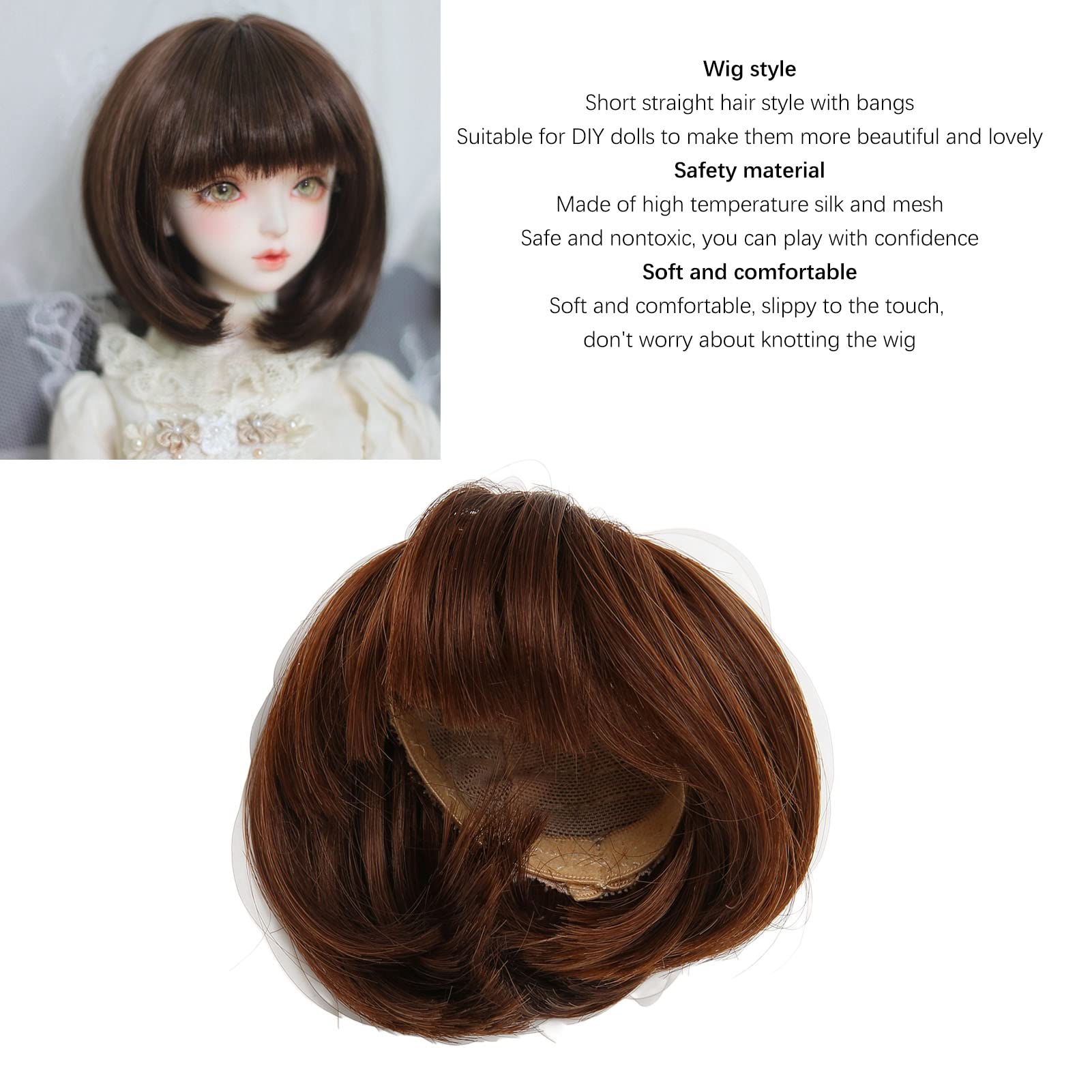 Doll Wig Hair with Bangs Flexible Short Straight Hair Doll Wig with Bangs Suitable for 1/6 Dolls Replacement (Dark Brown 6.1‑6.7 Inch) - Image 3