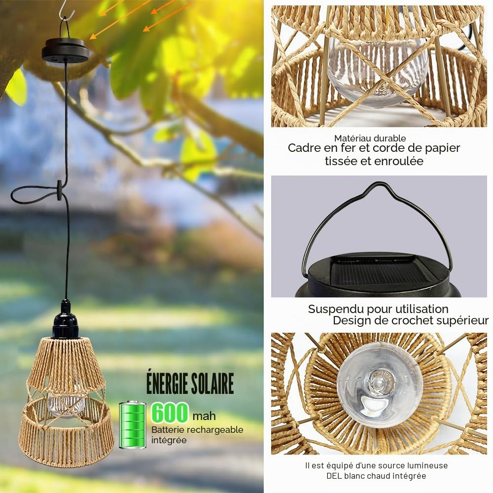 Lanterne Solaire Extérieur 2 Pièces, Lampe Solaire Suspendue Tressée Boho en Chanvre Étanche, Décoration Jardin
