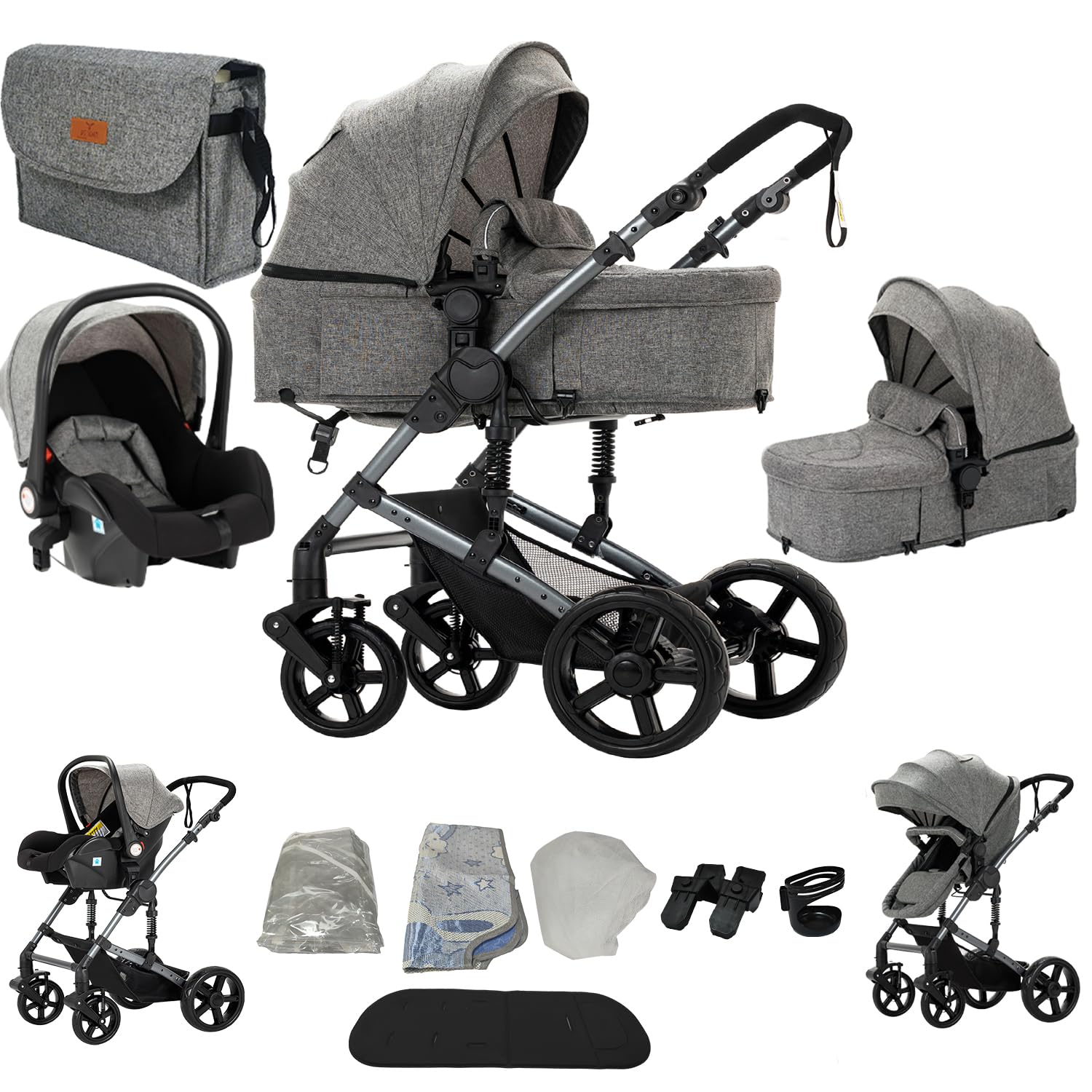 Magic ZC Kinderwagen 3 in 1 Kombikinderwagen Umkehrbarem Doppelschiebemodus Babywanne Buggy Aluminiumlegierung Faltbar Grau