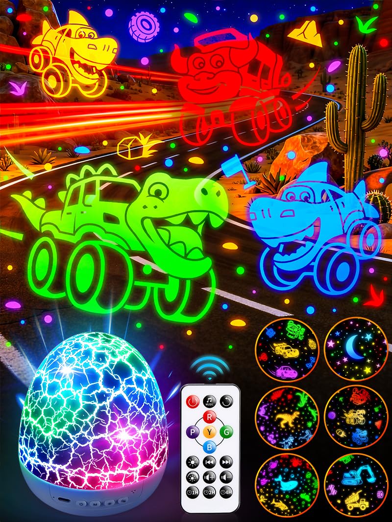 PIKOY Dinosaur Toys for Kids 3-5 Easter Gifts for Kids Toys Night Light Projector Dinosaur Eggs Easter Eggs Night Light for Kids | 15 Sounds &amp; 3D Films | 31Colors &amp; Remote Control | Beast Truck