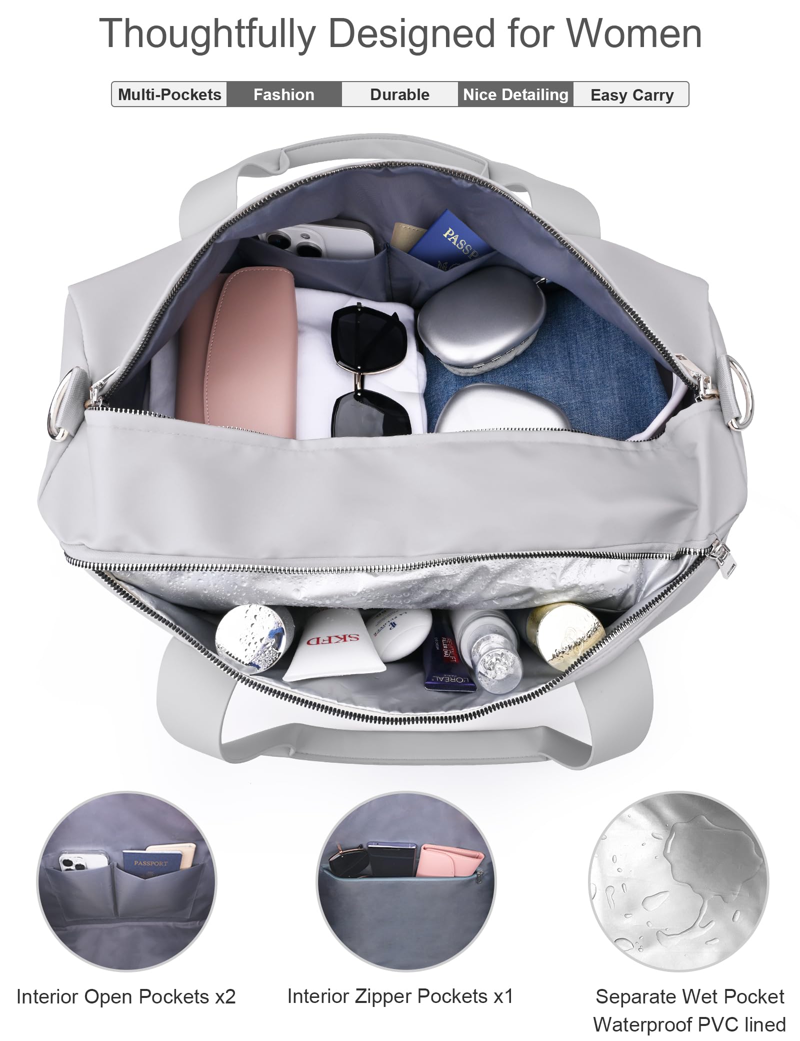 Borsa da palestra per donne, ragazze e uomini, Grigio, 19" Medium Size, Manico in pelle PU facile da trasportare
