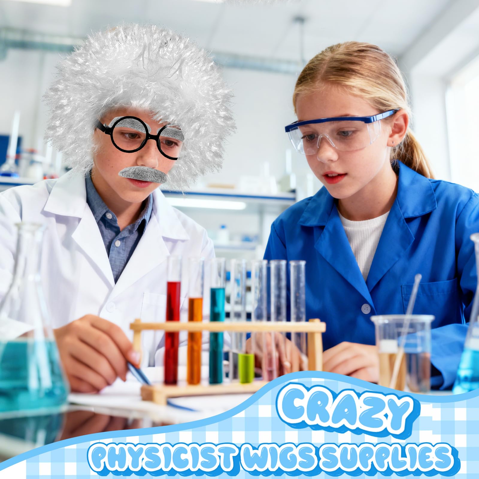 Set di 6 parrucche da scienziato pazzo, costume con retina per capelli, sopracciglia, baffi, occhiali per bambini e ragazzi, 100° giorno di scuola, accessori per cosplay del nonno