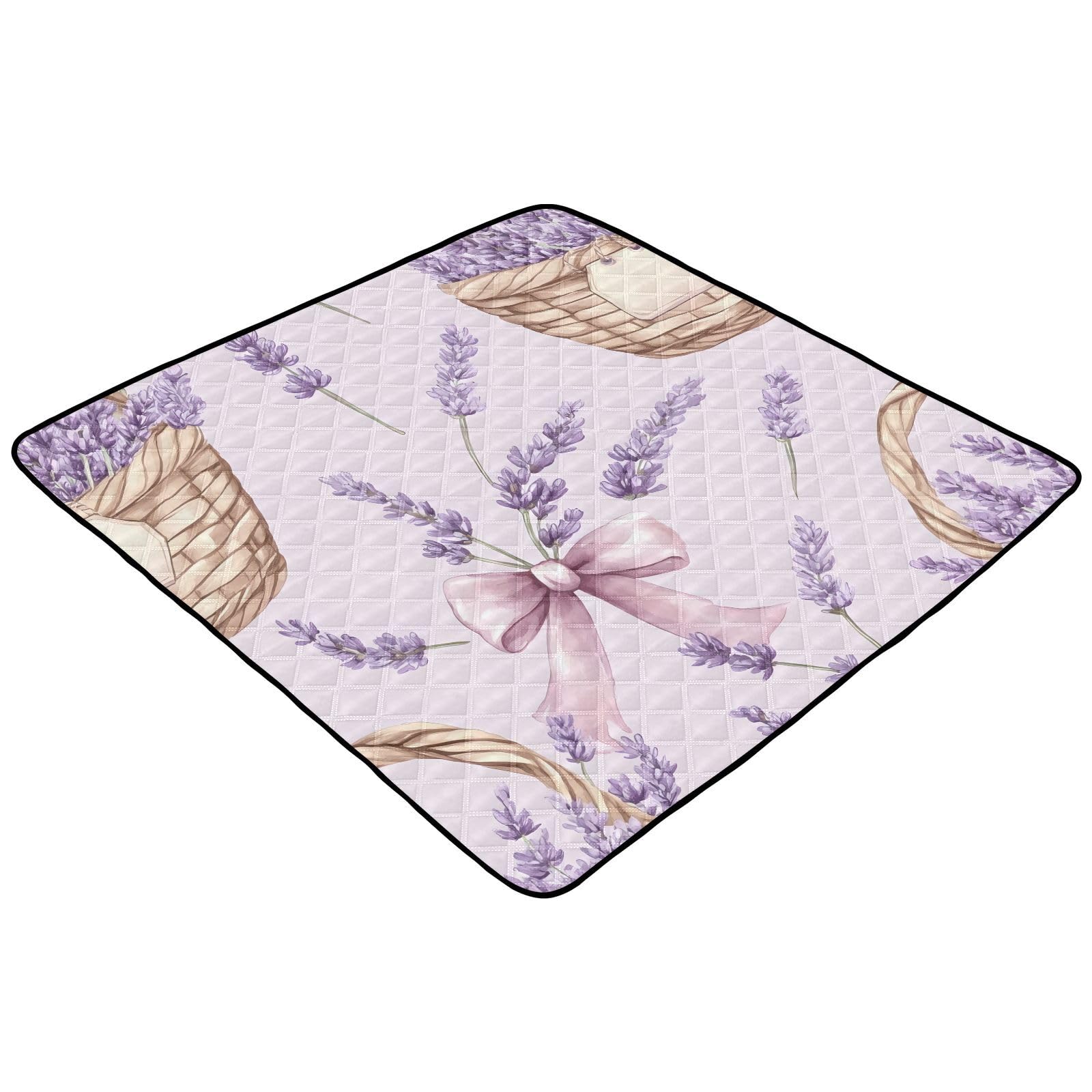 BOESI Watercolor Lavender and Bow Pattern Baby Play Mat, 50“ X 50” Washable Folding Crawling Mat, Baby Floor Mat, Soft, Thick, Non-Slip