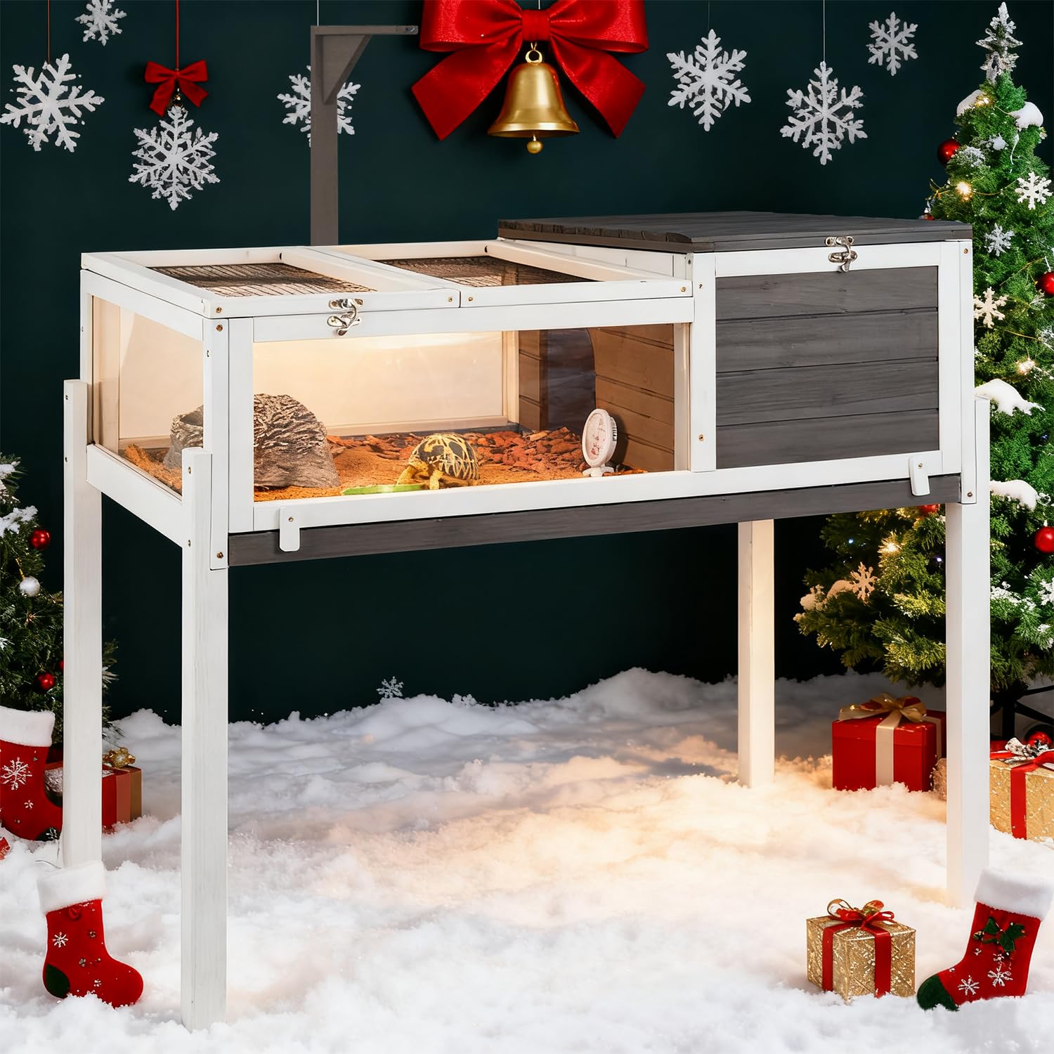 PetsCosset Tortoise Habitat Wooden Tortoise House, Indoor Turtle Enclosure Outdoor Reptile Cage with Removable Bottom, Light Support, Openable Roof (