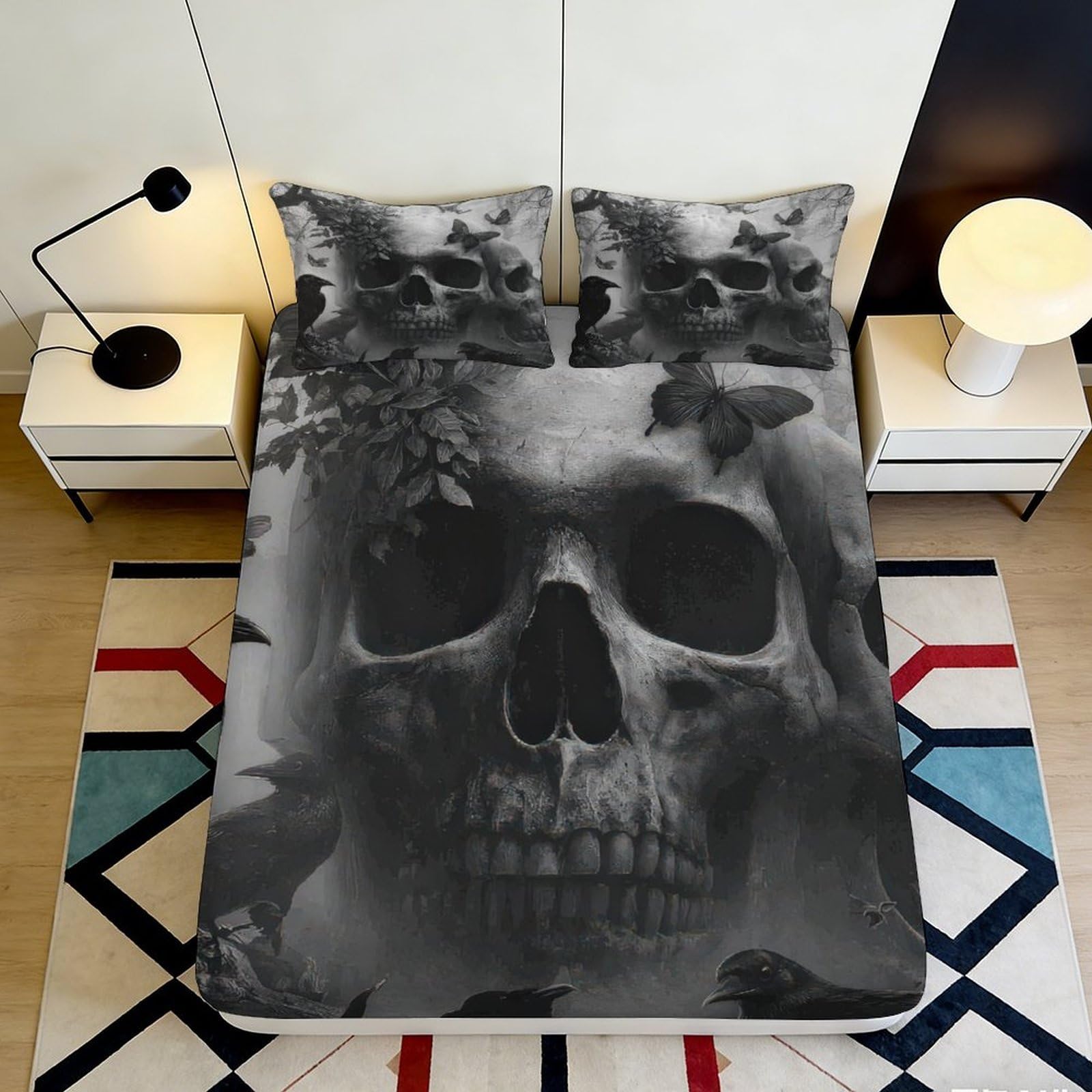 3D Printed Skull Raven Fitted Sheet Microfiber Black Gothic Butterfly Mattress Cover for Bedroom Dorm Decor 120x200x25cm