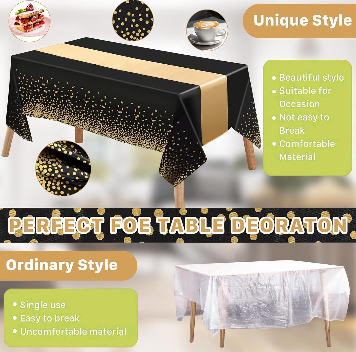Jeffbaubl 6 Set Tablecloths and Satin Table Runner, 6 Black and Gold Dot Table Cloth 54 x 108 Inch, 6 Gold Satin Runners 11 x 108 Inch, Disposable Plastic Tablecloth for Parties Wedding Birthday