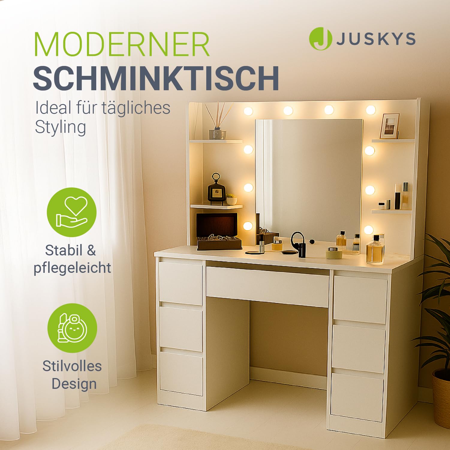 Juskys Schminktisch Malia mit LED-Spiegel, 7 Schubladen, individuelle Lichteinstellung, viel Stauraum, modernes Design, kompakt & pflegeleicht für Make-up