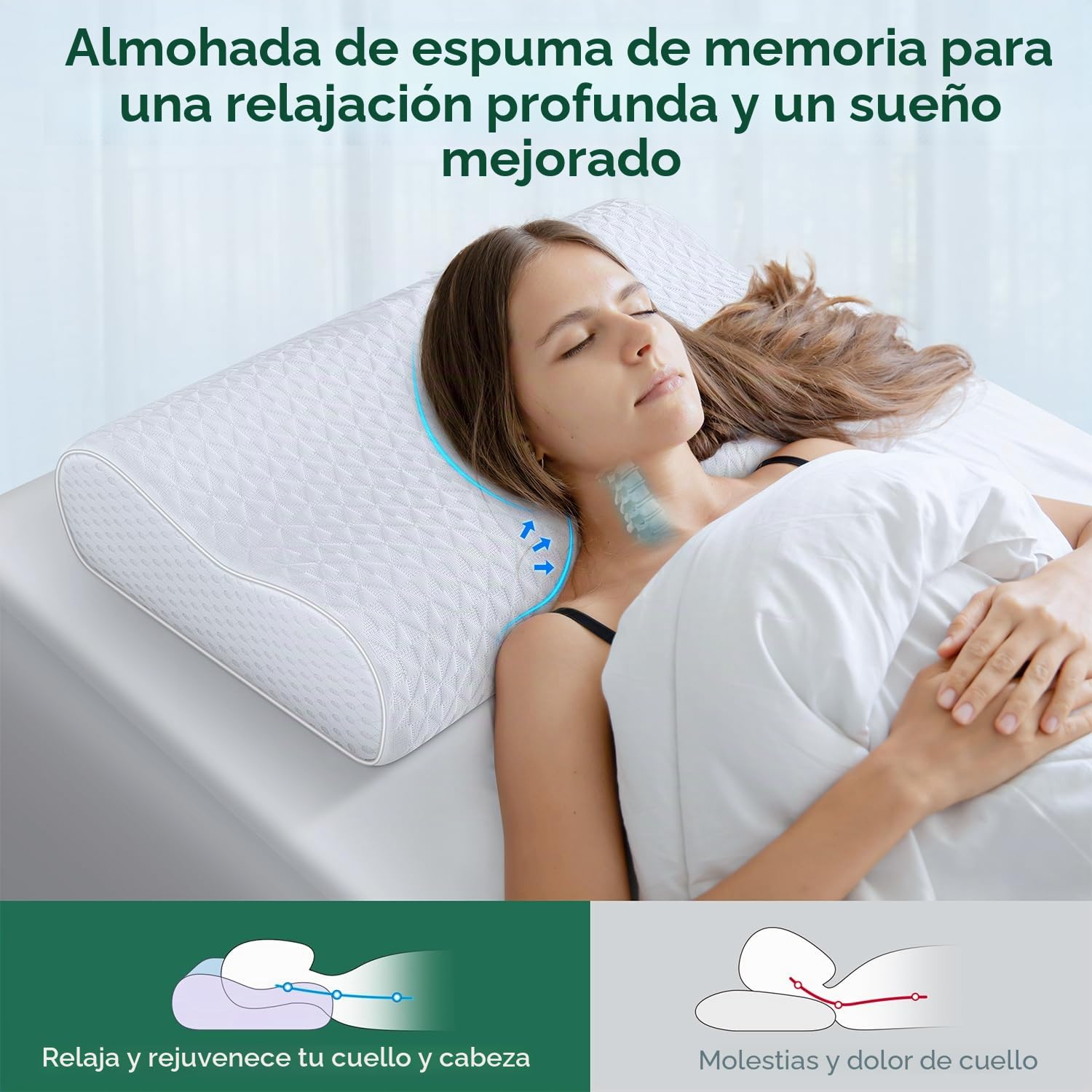TESQ Almohada sándwich de Tres Capas: Fabricada con Espuma viscoelástica dinámica, diseñada ergonómicamente y con Contorno Ajustable, Adecuada para posición Lateral, Espalda y Boca Abajo.