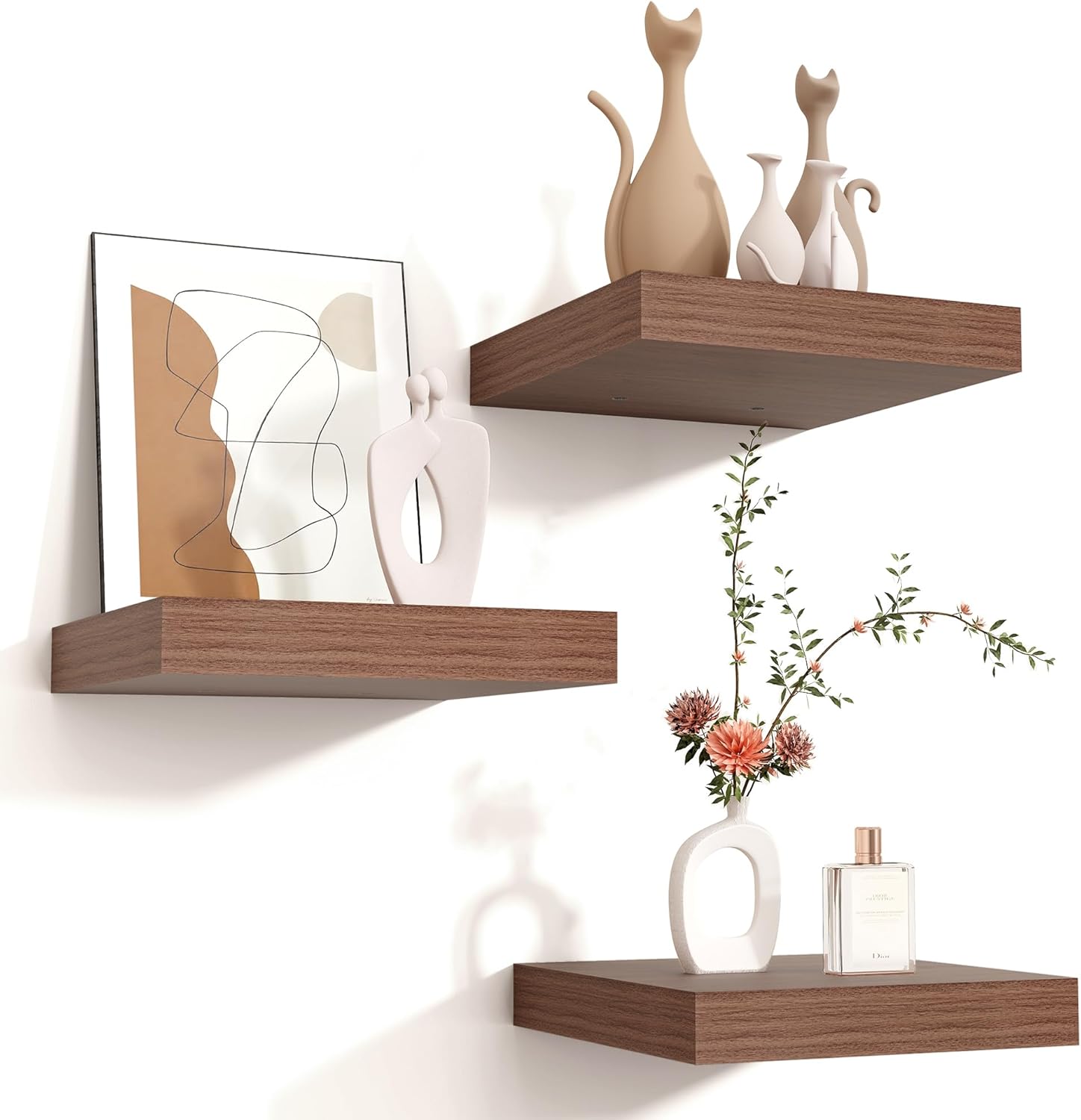 Square Floating Shelves for Wall, 8"W x 8"D x 1.3"H, 3 Pack of Small Wall Mounted Engineered Wood Shelves with Invisible Brackets for Living Room, Bedroom, Bathroom, Kitchen Decor and Storage, Walnut