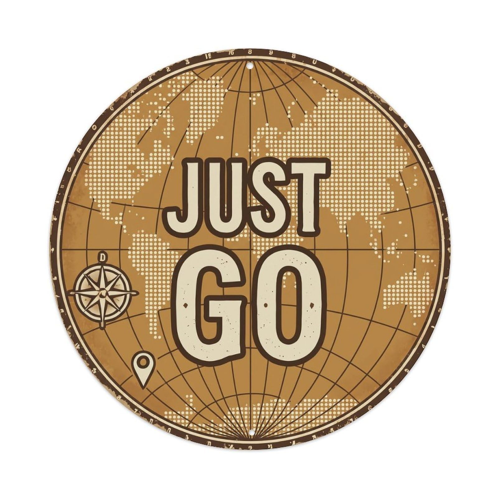 Vintage World Map with Compass Just Go Nomad Metal Tin Sign