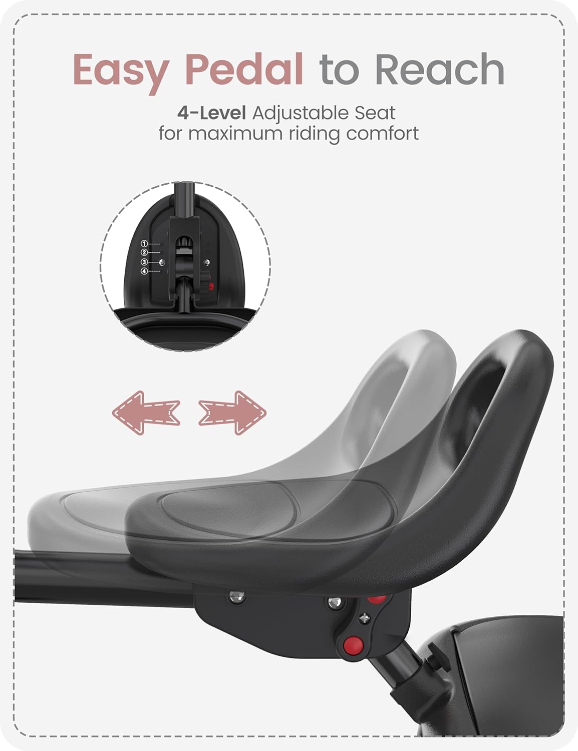 A close-up of the tricycle seat showing the four adjustable positions for leg length.