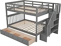 Vista 105 de Harper & Bright Designs Litera de tamaño matrimonial sobre matrimonial con 3 cajones, litera de madera maciza con almacenamiento y riel