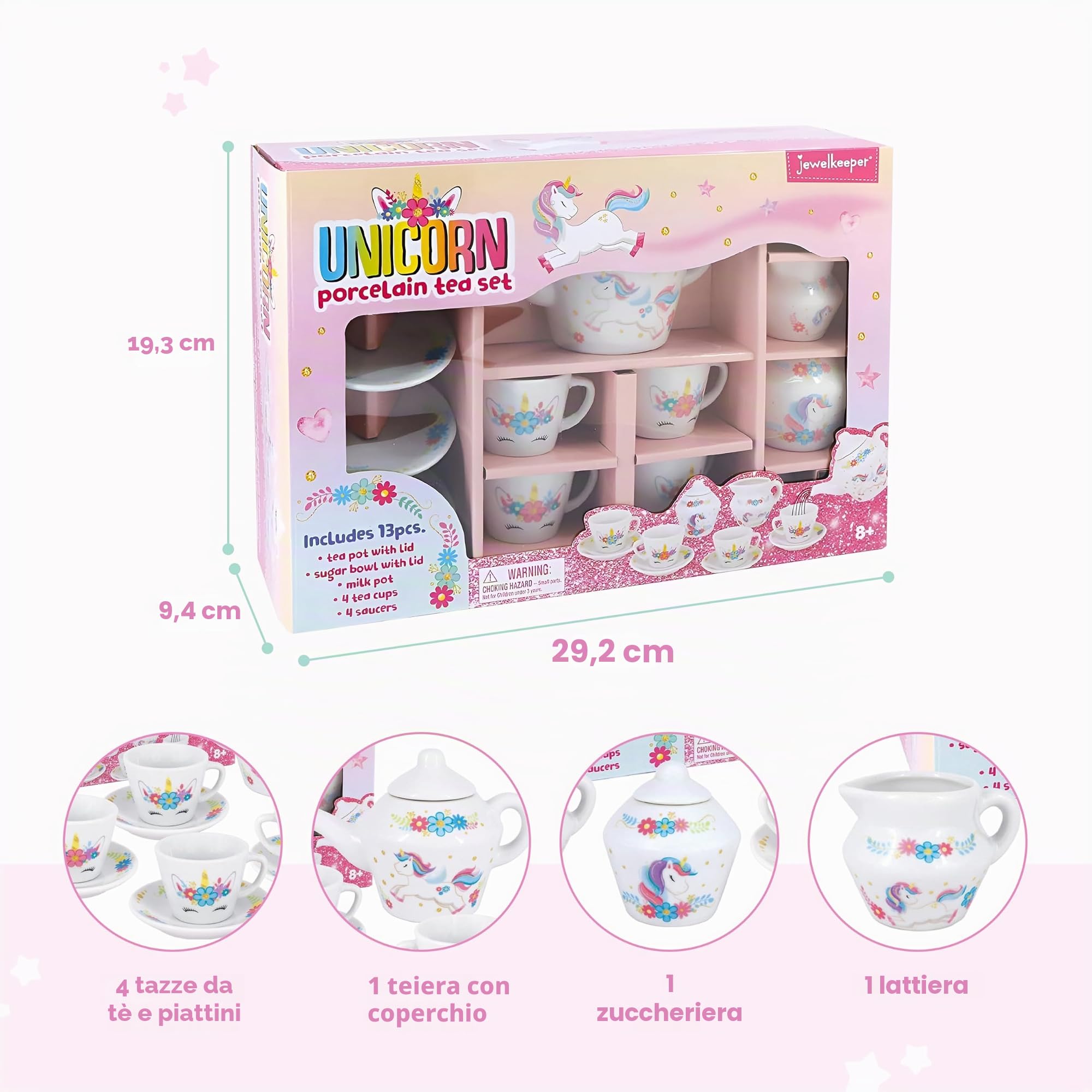 Jewelkeeper Set da tè in porcellana per bambine - Giocattolo da tè, Tazze da tè in ceramica rosa con scatola rosa - Regalo per bimbi di 3 anni - Design Unicorno, 13 pezzi