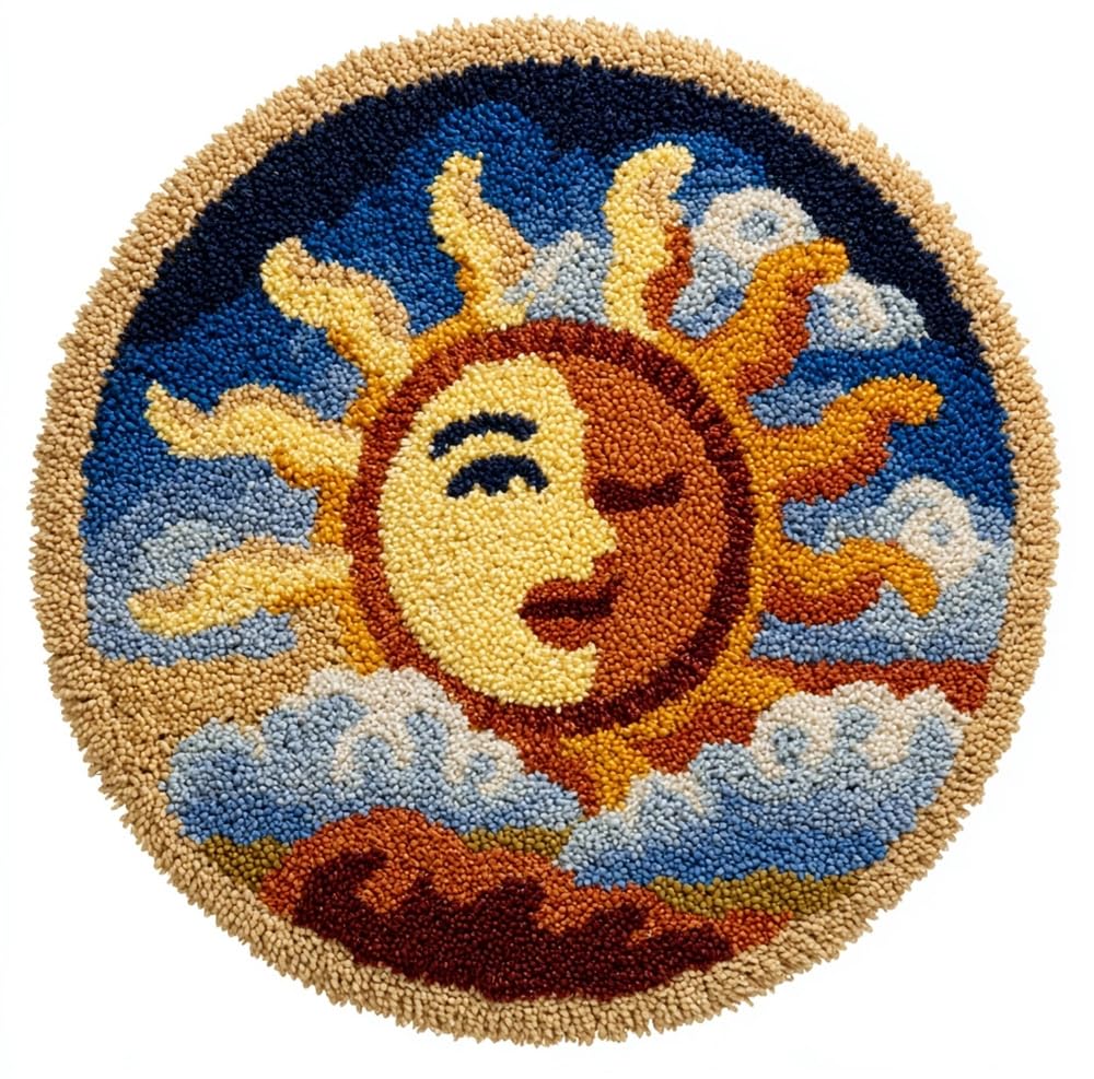 kitphoenix Round Latch Hook Kits Rug Making Crafts with Colorful Pattern Printed, Moon Unfinished Handmade Crochet Yarn for Adults Beginner, 50X50Cm
