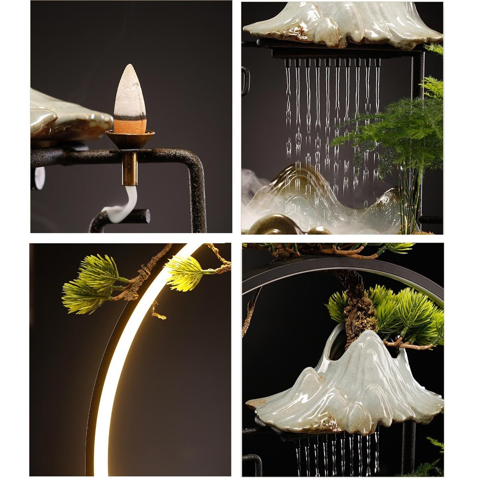 Fontaine de Table Fontaine Cascade d'intérieur en céramique Chinoise avec Anneau Lumineux LED et Porte-encens à refoulement