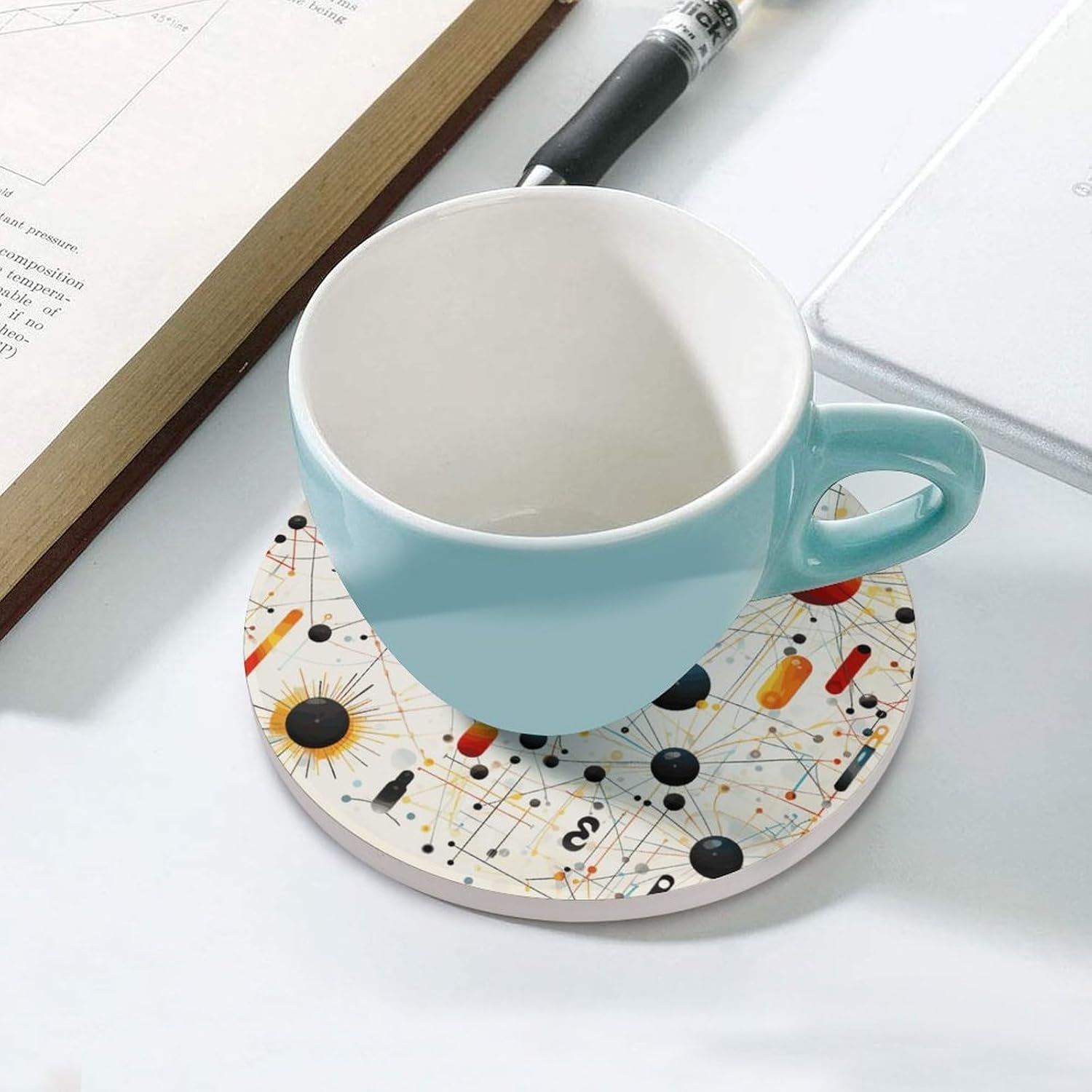 Physics Print Coasters Round Coasters Set Ceramic Stone Coaster with Cork Base Coffee Cup Beverage Cup Mat Cute Funny Table Drinks Coaster for Mugs and Cups Office Kitchen