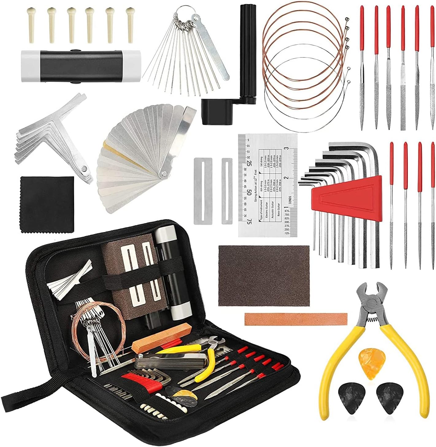 Guitar Repair Tools Kit, Professional String Winder Bridge Pins Sanding Set, Complete Maintenance Utensils with Hex Wrench Nut File for Electric Guitar Bass Banjo, Includes Storage