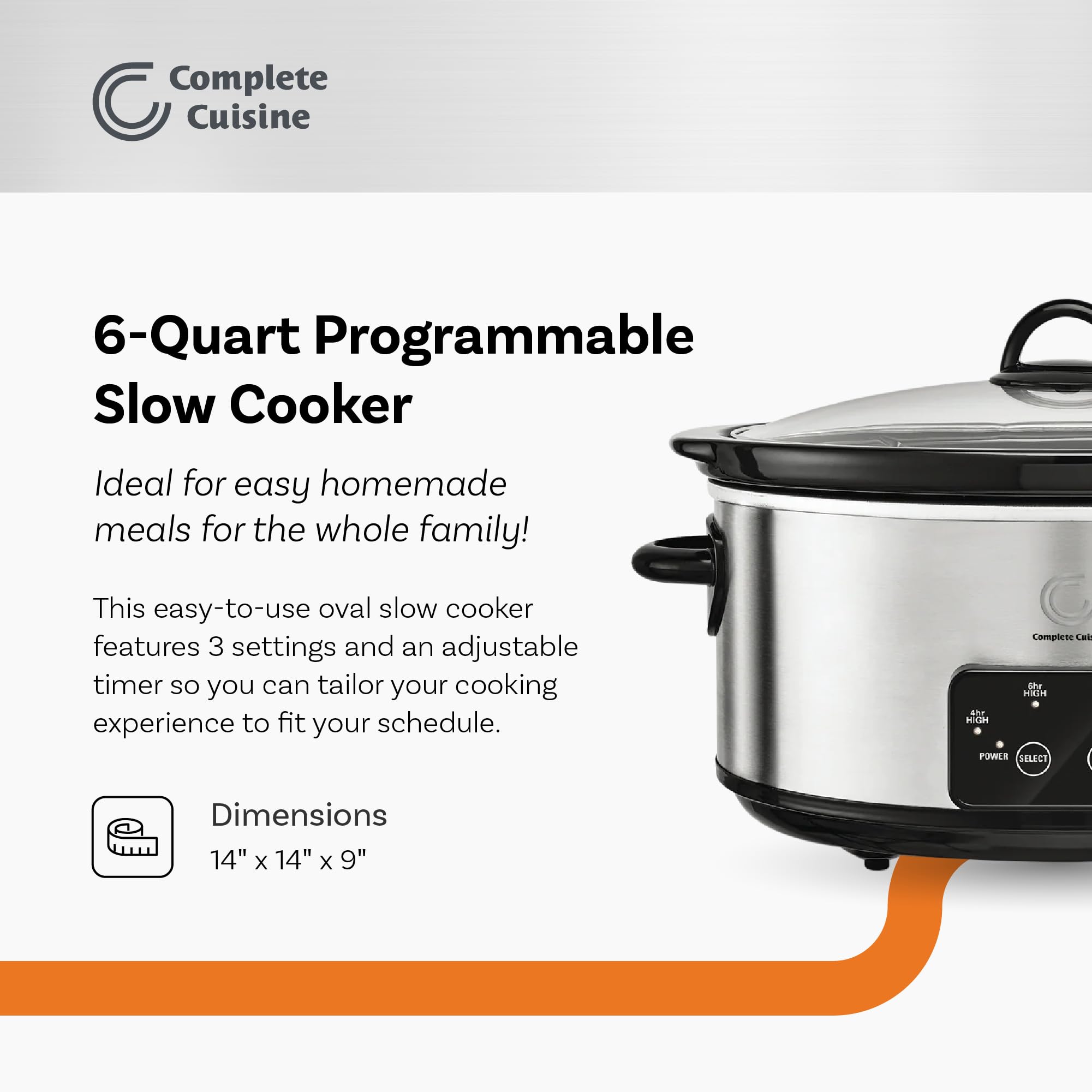 Complete Cuisine CC-6200-SS-PG - Olla de cocción lenta programable de 6 cuartos de galón, olla de cocción lenta ovalada de acero inoxidable con tapa de vidrio