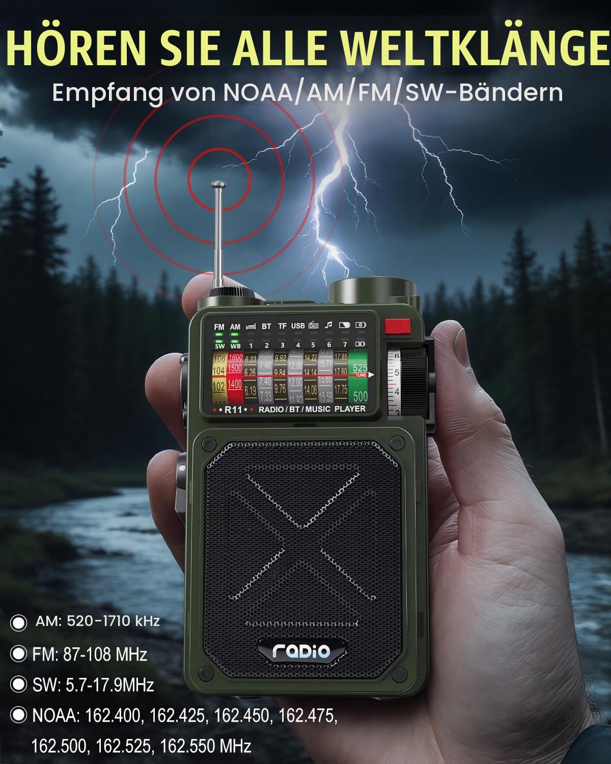 NOAA Wetterradio – 4000 mAh AM/FM/WB/SW Notfall-Radio mit Bluetooth, Taschenlampe, SOS-Alarm, Stromversorgung über USB, Handkurbel und Solarenergie für Camping, Notfall