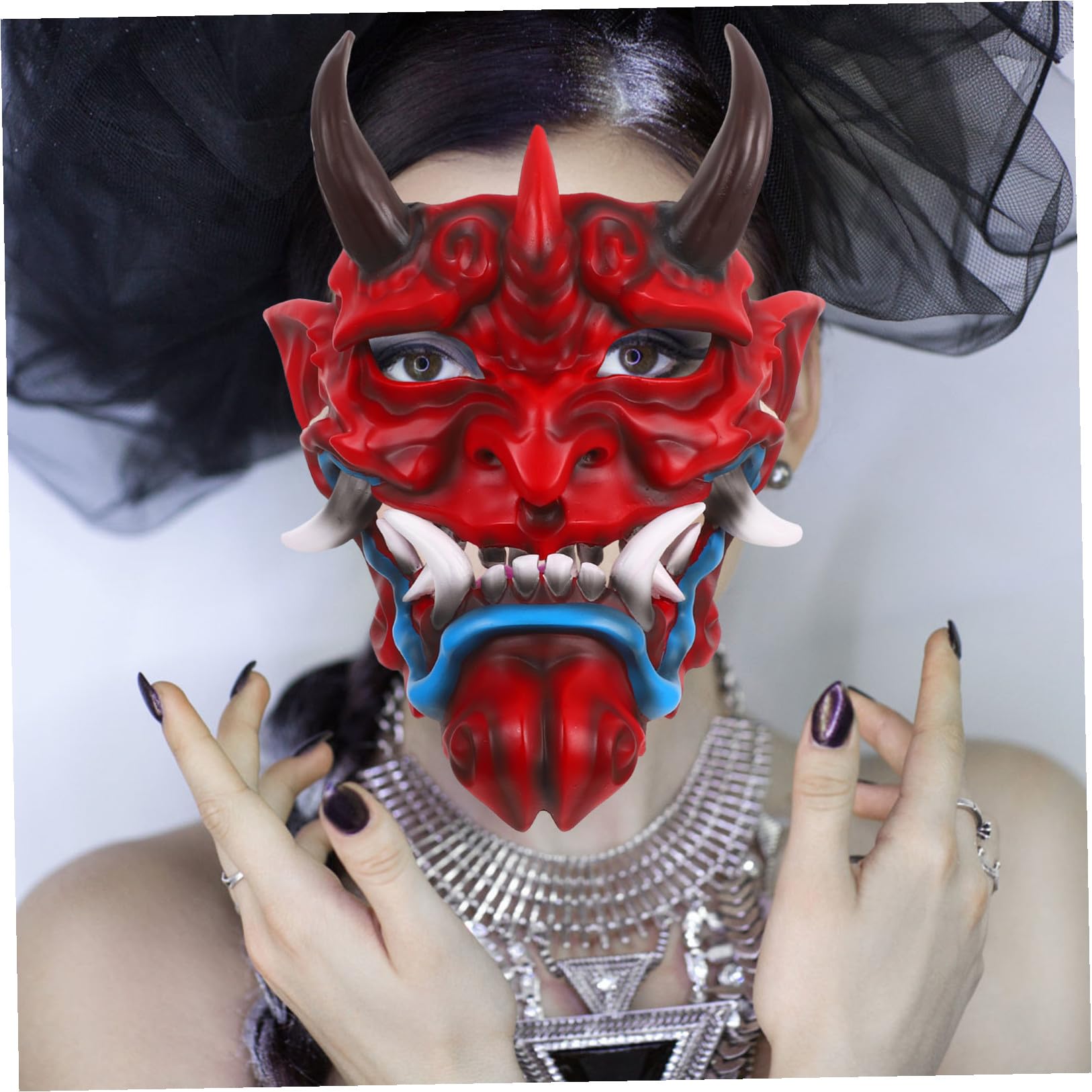 HEMOTON Maschera Demoniaca Giapponese per Halloween con Corna in Resina, Design Realistico, Artigianato Robusto e Comfort per Feste a Tema e Party Cosplay per Adulti