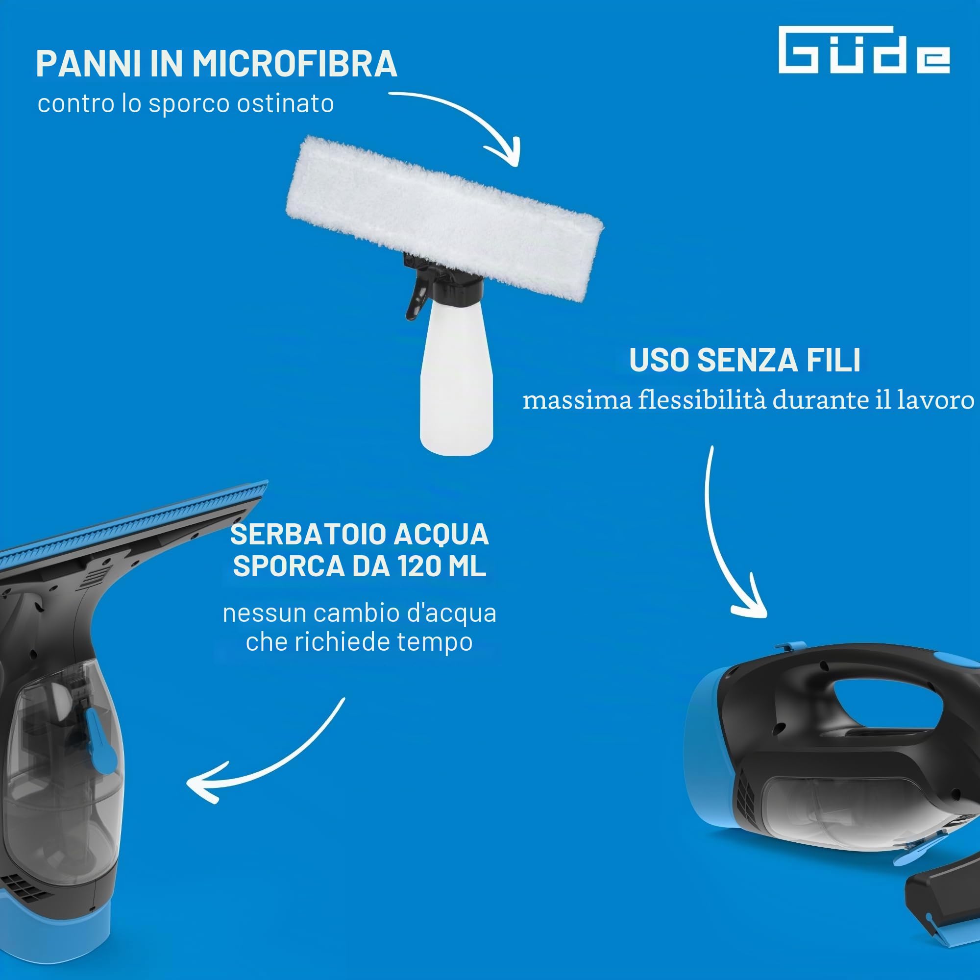 Güde Aspiratore per finestra a batteria GAFS 280 (3,7 V, 28 cm, 125 ml, serbatoio per acqua sporca, 1,8 kPa max. inferiore, 30 minuti di lavoro con batteria piena, con caricatore, flacone spray e 2