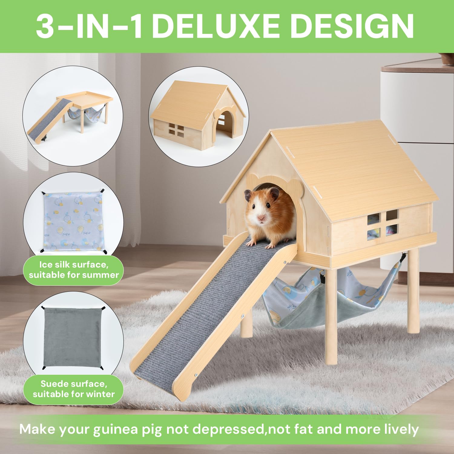 Meerschweinchenversteck - Meerschweinchen-Spielzeug aus Holz mit Treppe und Matte und Hängematte, abnehmbares Doppeldecker-Haus für Hamster, Chinchilla, Frettchen, Meerschweinchen, Zubehör