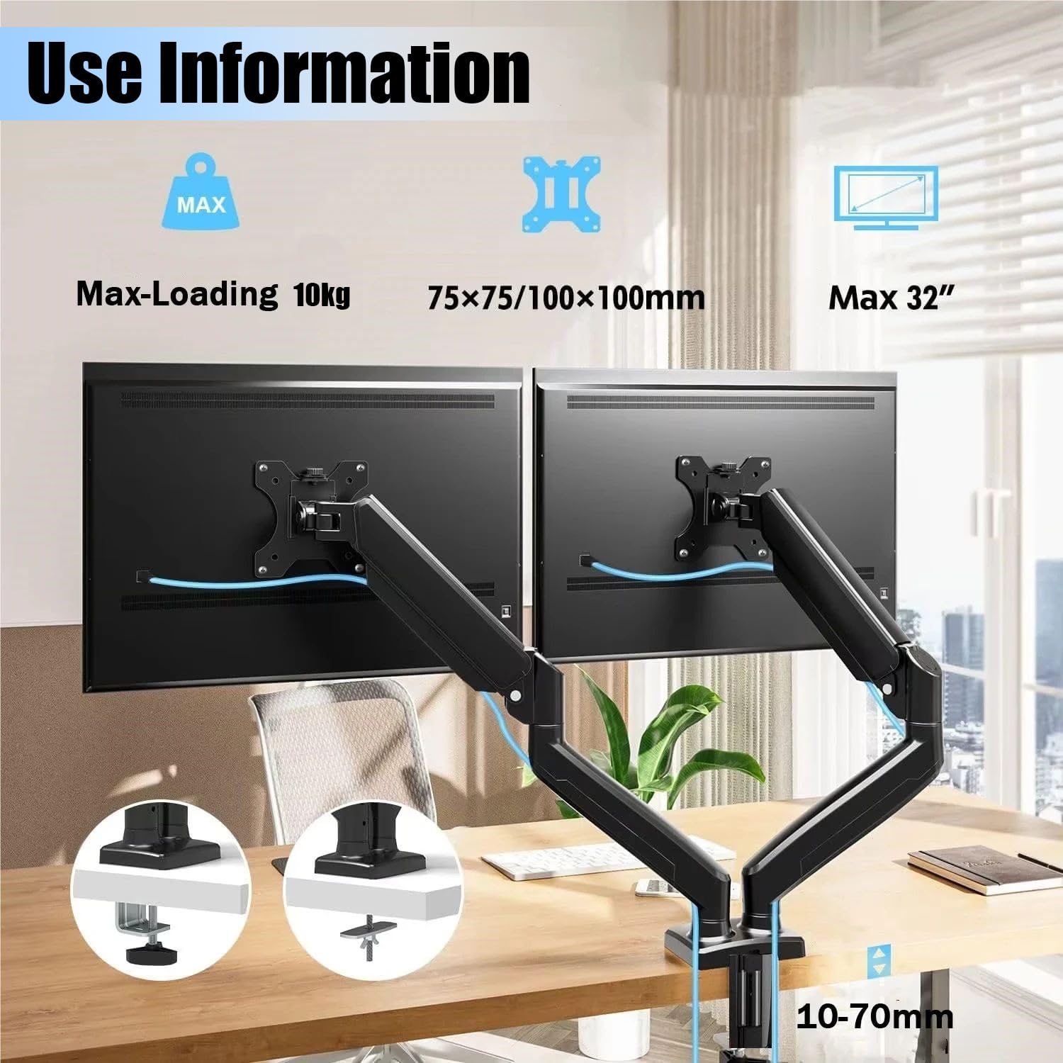 Brazo Monitor Doble，Adecuado para Monitores Led/LCD De 13 a 32 Pulgadas, Cada Brazo Soporta Un Máximo De 10 Kg, Puede Girar 360° y Voltearse 180°, Altura Ajustable, Vesa 75/100 Mm, Color Negro