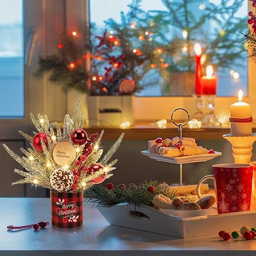 Miniatura 6 de GTIDEA Pequeño árbol de Navidad con luces, mini árbol de Navidad artificial de mesa de 13.4 pulgadas con adornos de bolas de Navidad, conos de pino