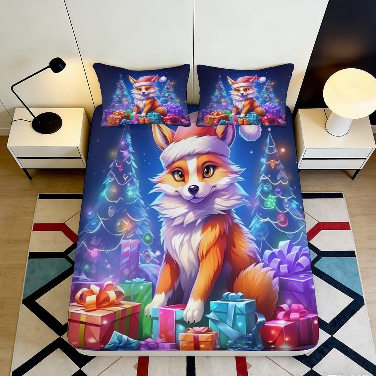 3D Printed Christmas Fox Fitted Sheet Microfiber Soft Gift Tree Bed Cover for Bedroom Guest Room Decor 120x200cm 140x200x25cm