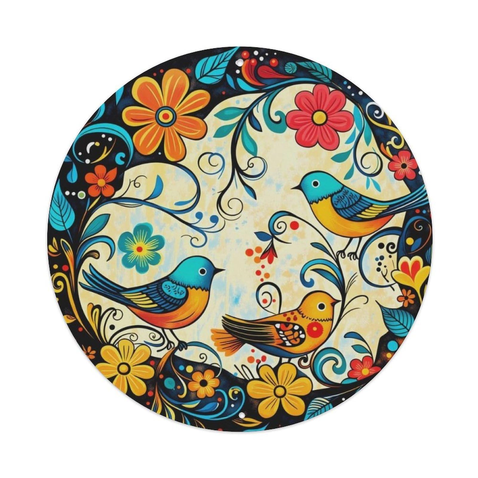 Folk Art Swirl Floral Three Color Birds Vintage Round Metal Sign Vintage Aluminium Metal Sign, Retro Wall Decor for Home, Bar, Garage & Farmhouse 20x20cm
