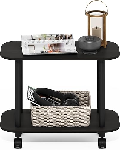Miniatura 4 de Furinno Turn-N-Tube - Mesa auxiliar ovalada de 2 niveles con ruedas, mesita de noche de esquina redonda, mesita de noche con estante abierto,