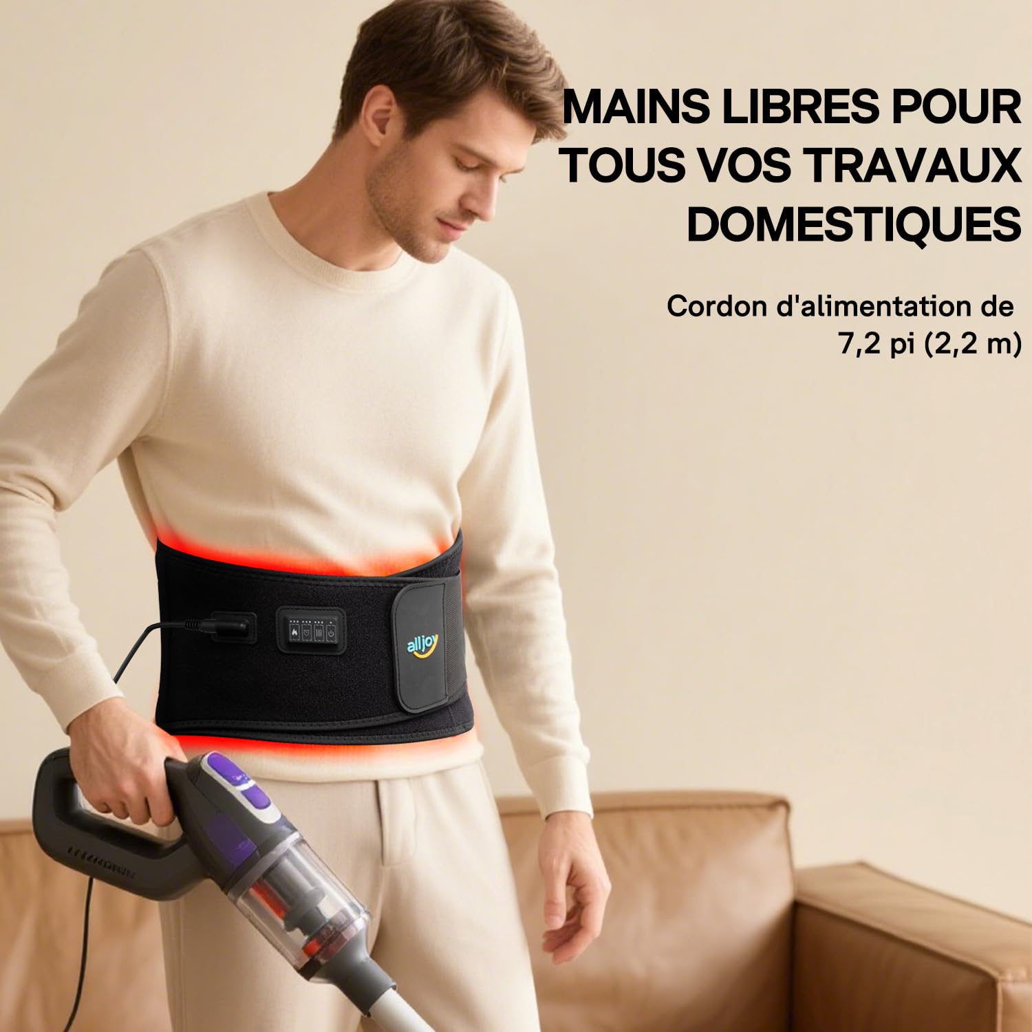 ALLJOY 170CM Ceinture Chauffante Lombaire, Cadeau Noel pour Homme Femme Parents, Coussin Chauffant Dos avec 5 Massage Vibratoire et 3 Niveaux de Température, Minuterie 3 Temps (avec Fil)