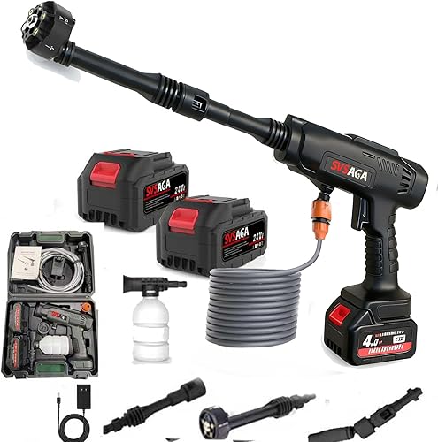 SVSAGA - Lavadora a presión inalámbrica portátil de 21 V, 2 x 4.0 AH 1100 PSI, lavadora eléctrica a batería, lavado sin escobillas con cargador