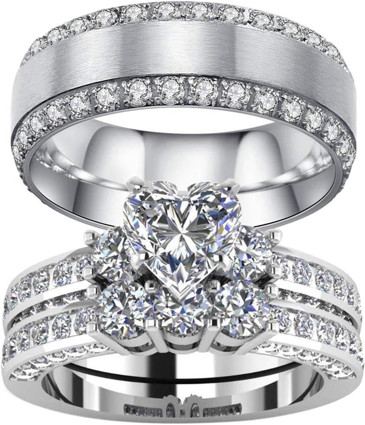 3pc His and Hers Couple Ring Bridal Set His Hers Women White Gold Plated Heart Cz Man Titanium Wedding Ring Band Set