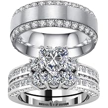 3pc His and Hers Couple Ring Bridal Set His Hers Women White Gold Plated Heart Cz Man Titanium Wedding Ring Band Set