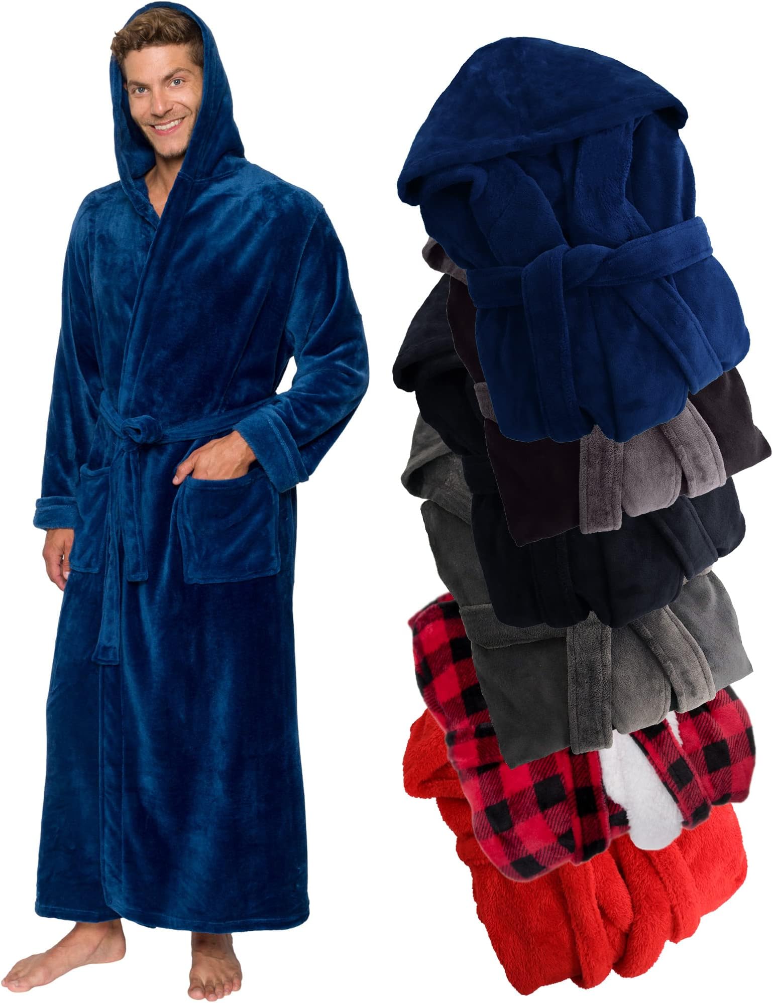 Ross Michaels Mens Robe Hooded Plush Big and Tall - Long Fleece Spa Bath Robe with Hood and Pockets - Gift for Men and Teens